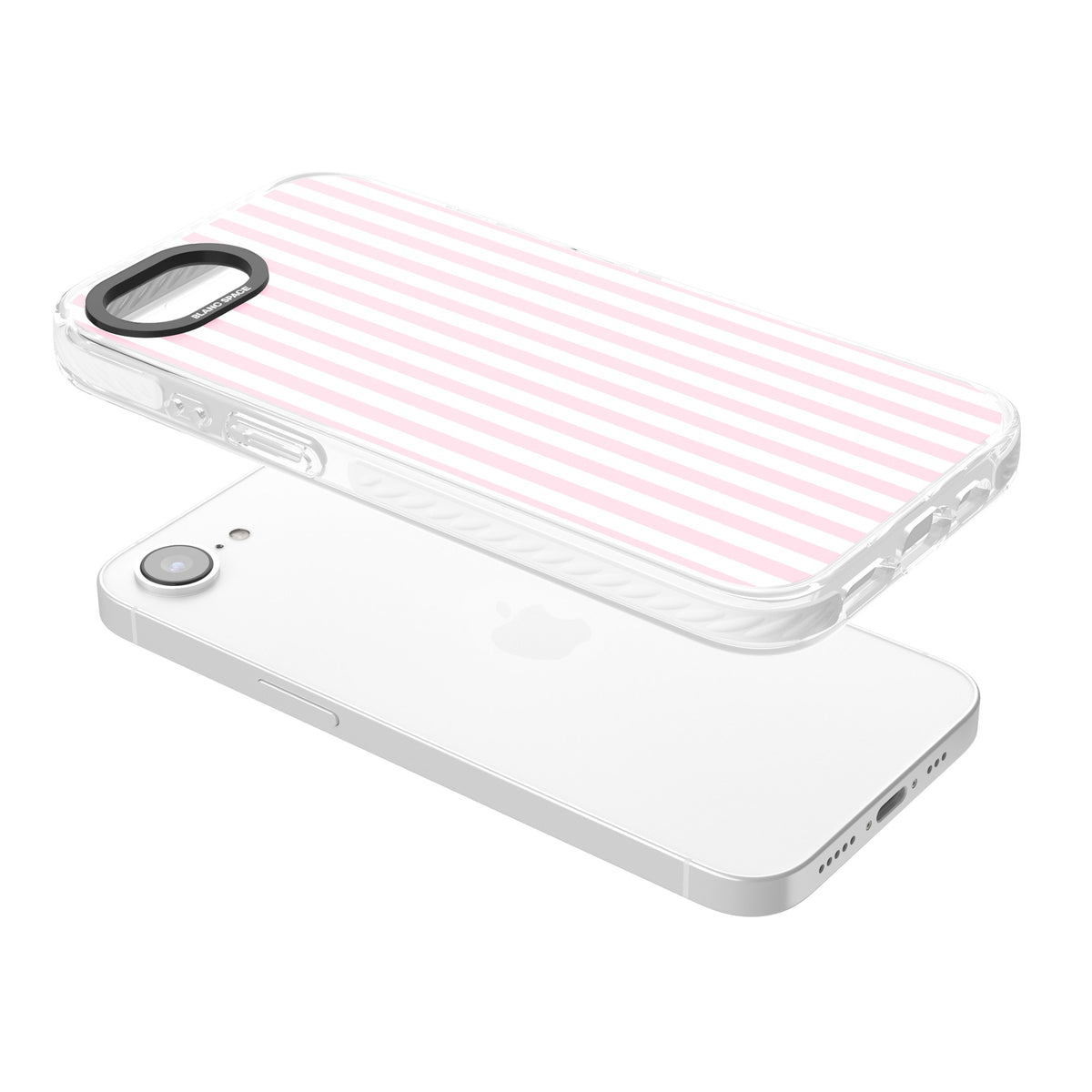 Pink Stripe preppy iPhone case featuring soft pastel pink and white vertical candy stripes iPhone 16e / iPhone 16E / iPhone 17e Impact Pro Clear Phone Case angled