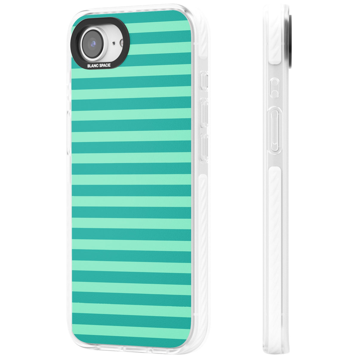 Turquoise Stripe preppy iPhone case featuring horizontal teal and mint green stripes on a black protective frame iPhone 16e / iPhone 16E / iPhone 17e Impact Pro Clear Phone Case side