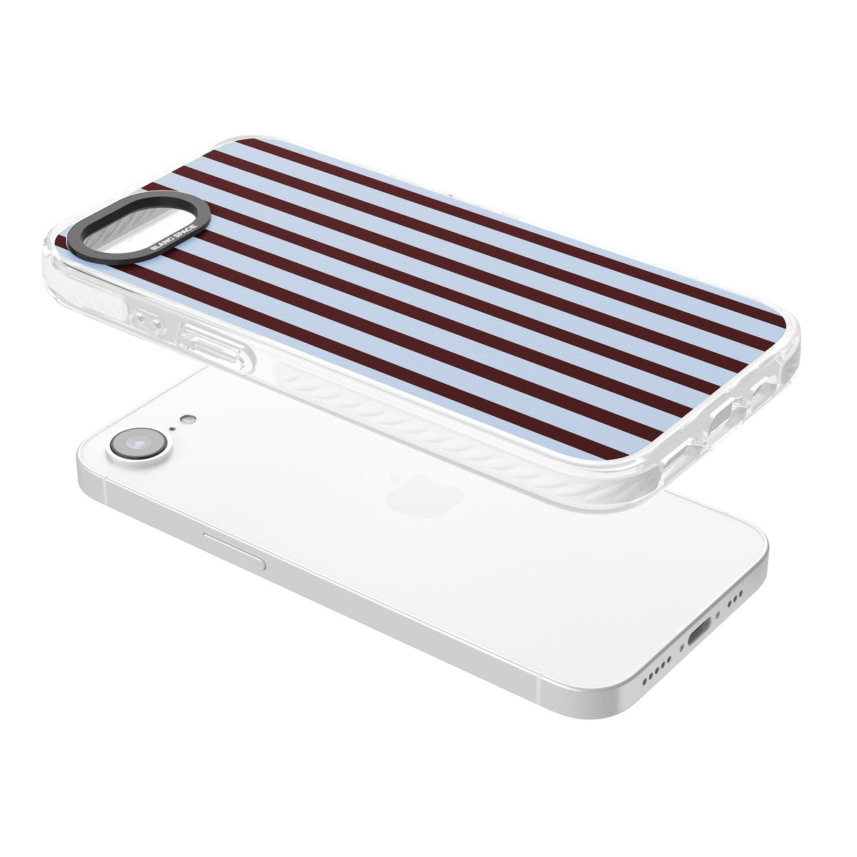 Blackcurrant Stripe preppy iPhone case featuring vertical burgundy and light blue stripes in a classic pinstripe layout iPhone 16e / iPhone 16E / iPhone 17e Impact Pro Clear Phone Case angled