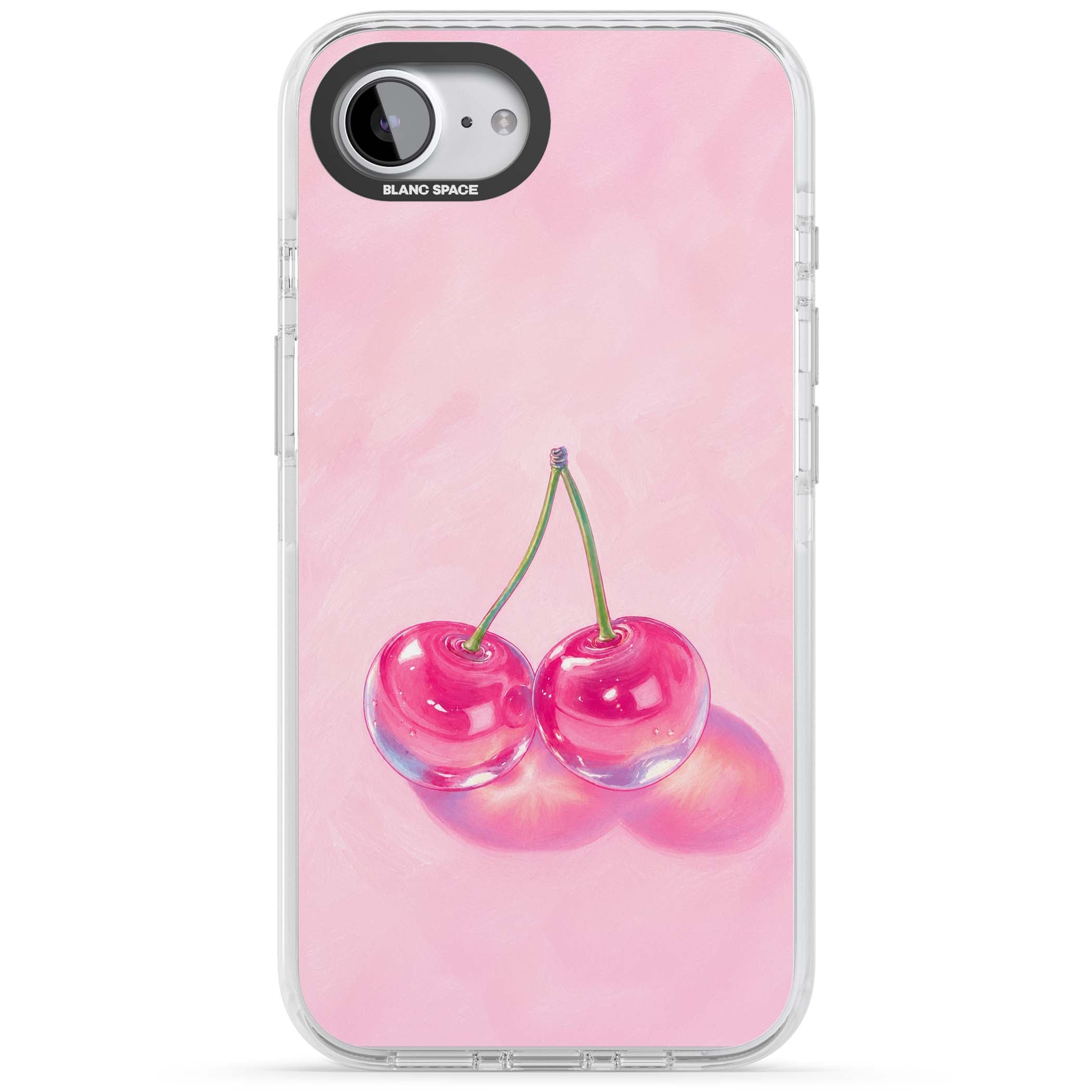 Pink Glass Cherry coquette iPhone case featuring two glossy painted cherries on a soft pink background | Impact Magsafe case for iPhone 16e, iPhone 17e