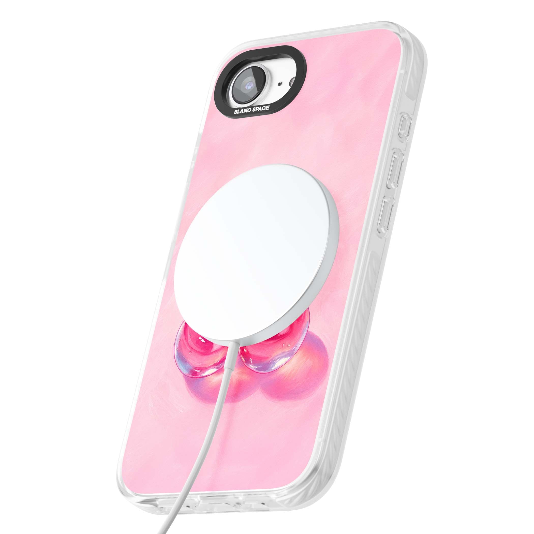 Pink Glass Cherry coquette iPhone case featuring two glossy painted cherries on a soft pink background | Impact Magsafe case for iPhone 16e, iPhone 17e