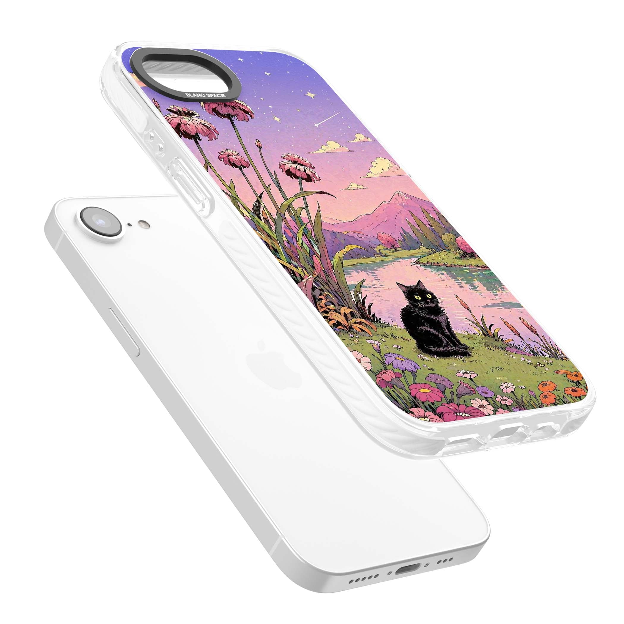 Mystic Whiskers ghibli iPhone case featuring a black cat by a pastel lake, wildflowers and a starry sunset sky | Clear Impact case for iPhone 16e, iPhone 17e