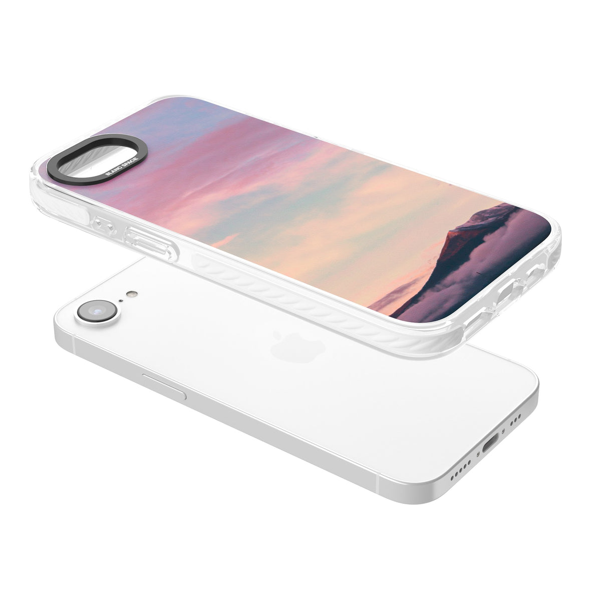 Pastel Mountain Sunset iPhone 16e / iPhone 17e Impact Clear Phone Case angled