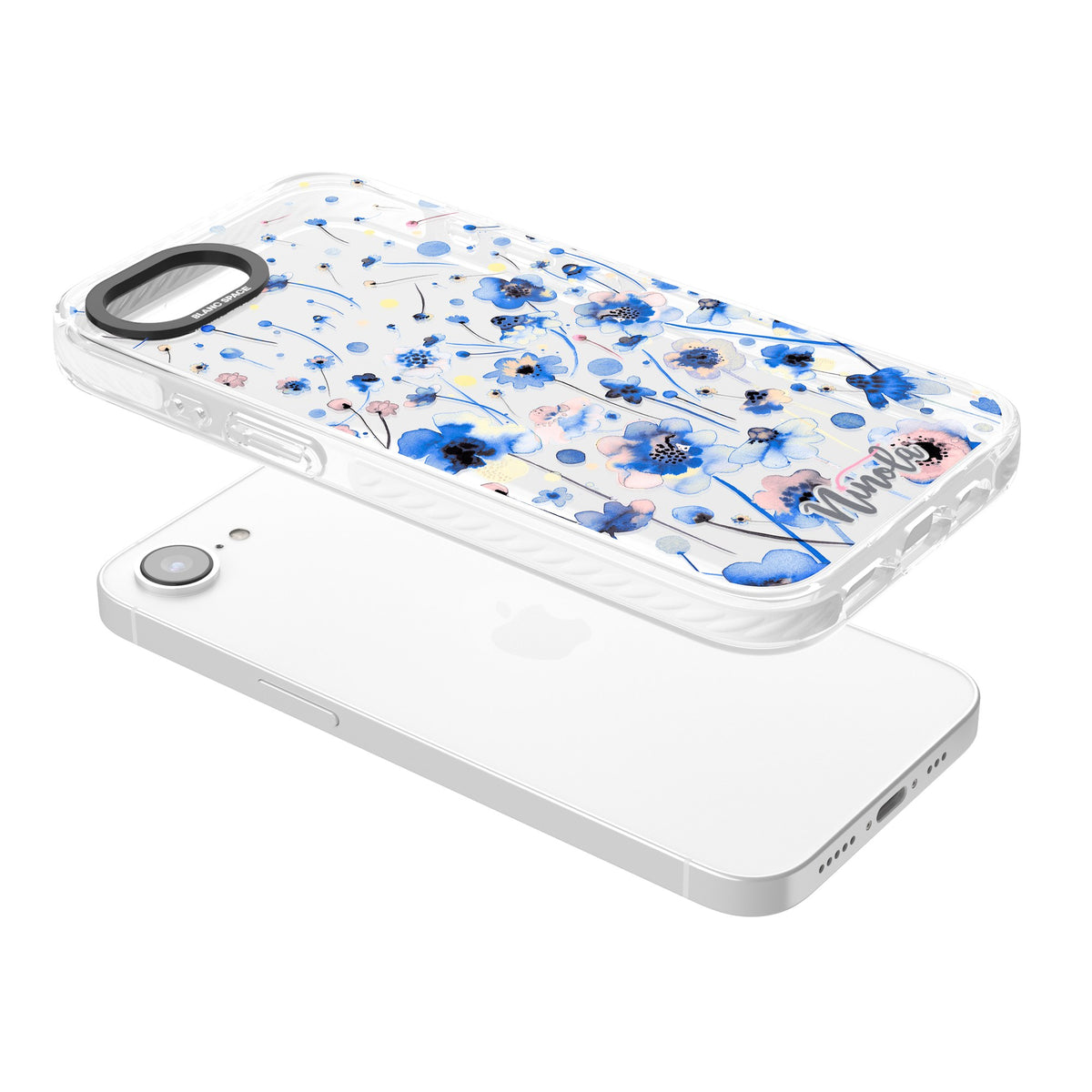 Ink Flowers Blue iPhone 16e / iPhone 17e Impact Clear Phone Case angled