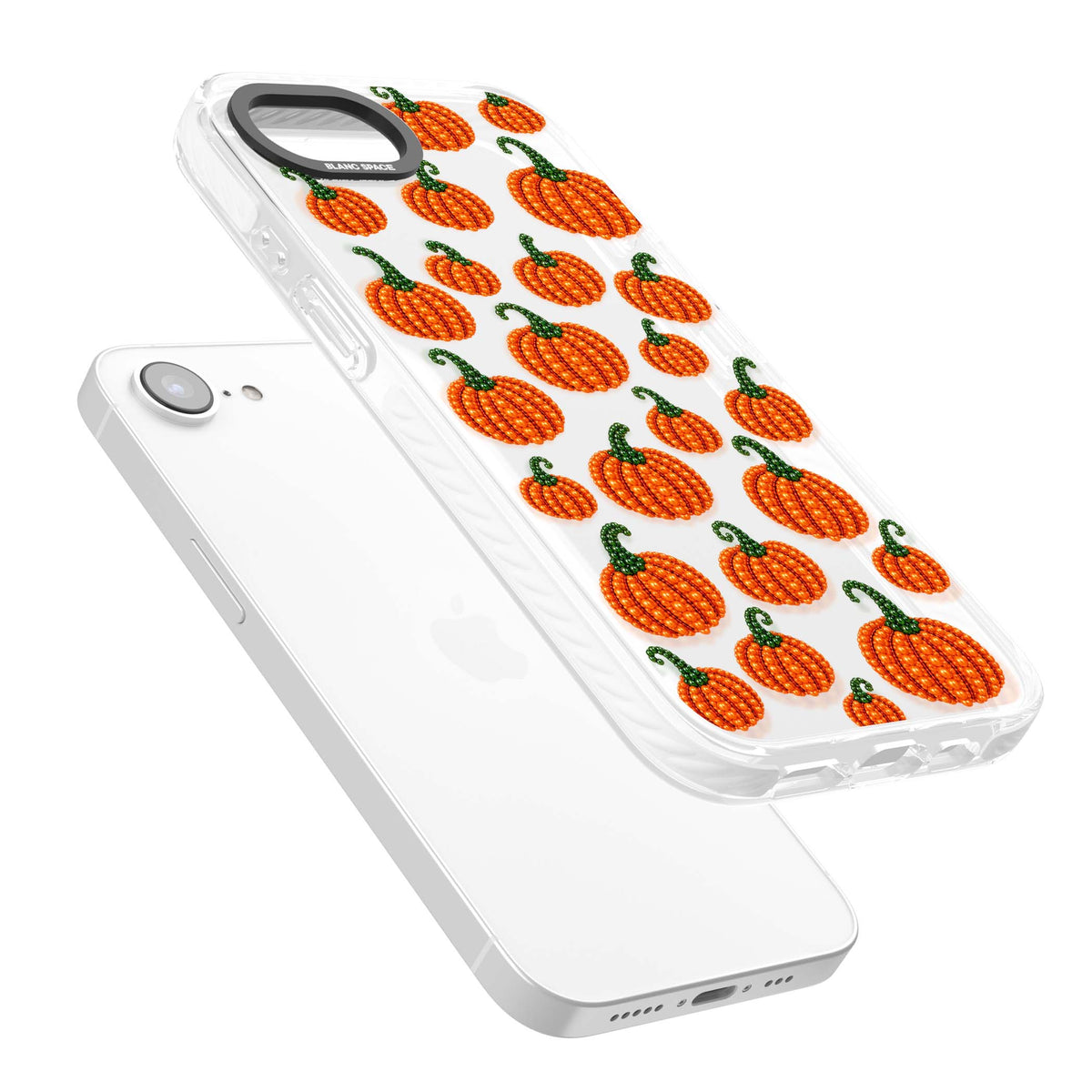 Beaded Pumpkins halloween iPhone case featuring beaded orange pumpkins with green stems on a clear background | Clear Impact case for iPhone 16e, iPhone 17e