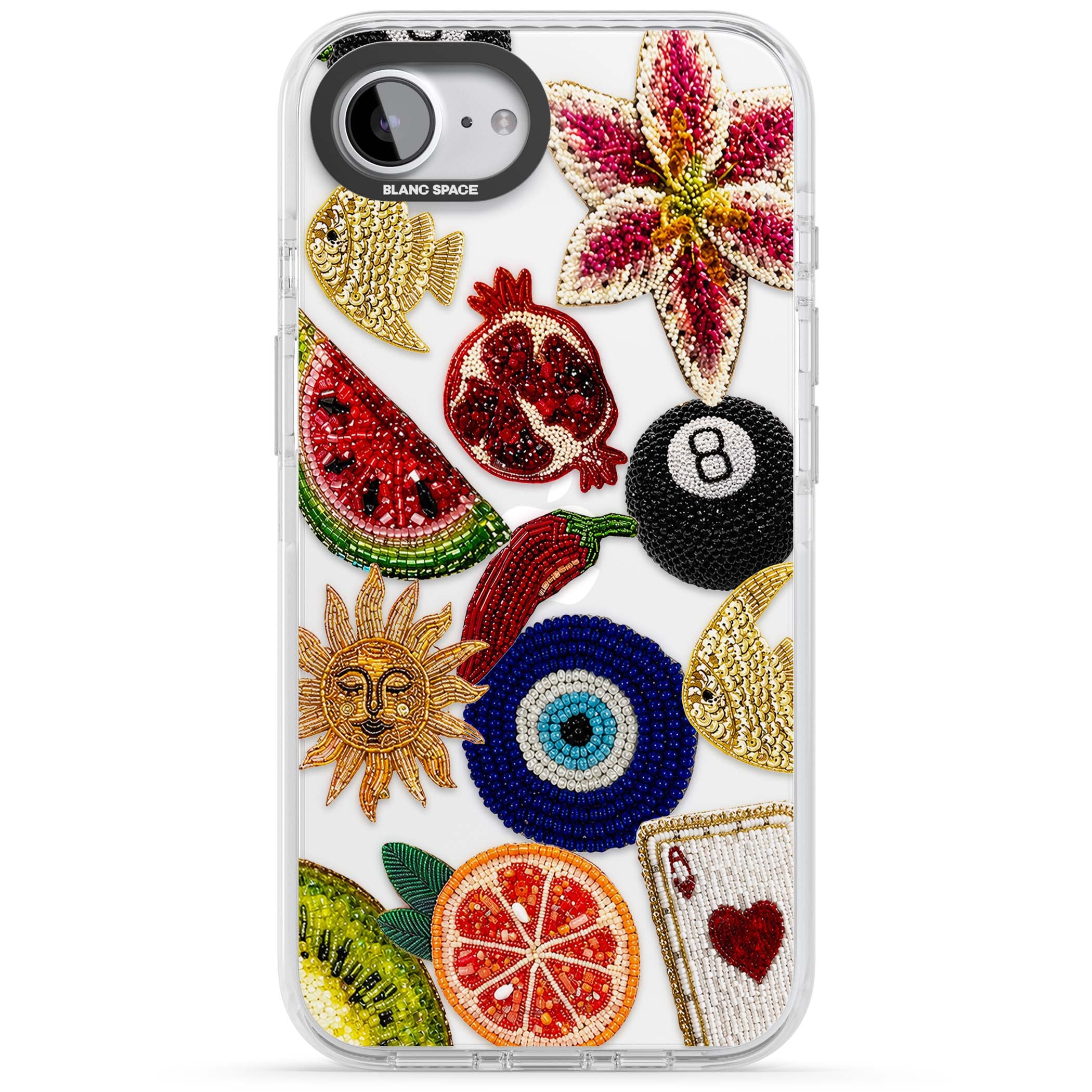 Beaded Charms embroidery iPhone case featuring beaded evil eye, fruit patches and a golden sun motif | Clear Impact case for iPhone 16e, iPhone 17e