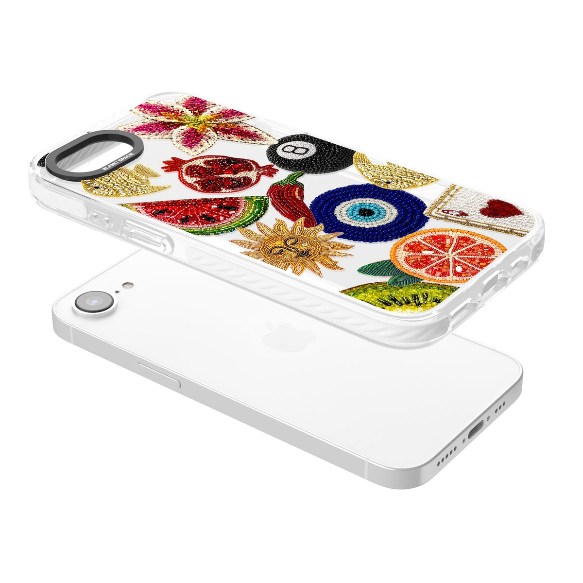 Beaded Charms iPhone 16e / iPhone 17e Impact Clear Phone Case angled