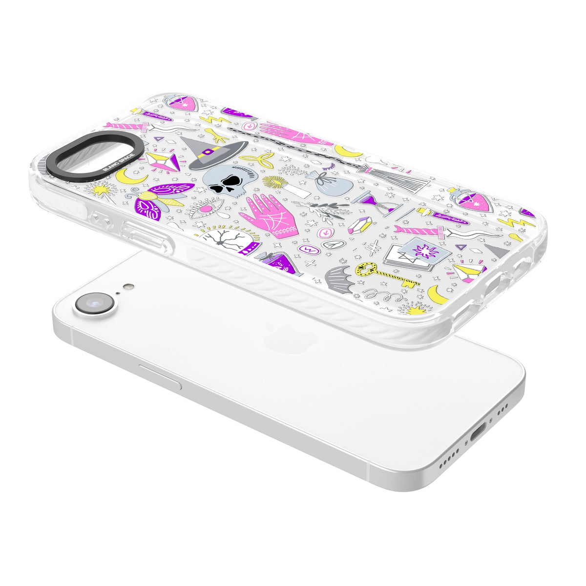 Black Magic Pattern iPhone 16e / iPhone 17e Impact Clear Phone Case angled