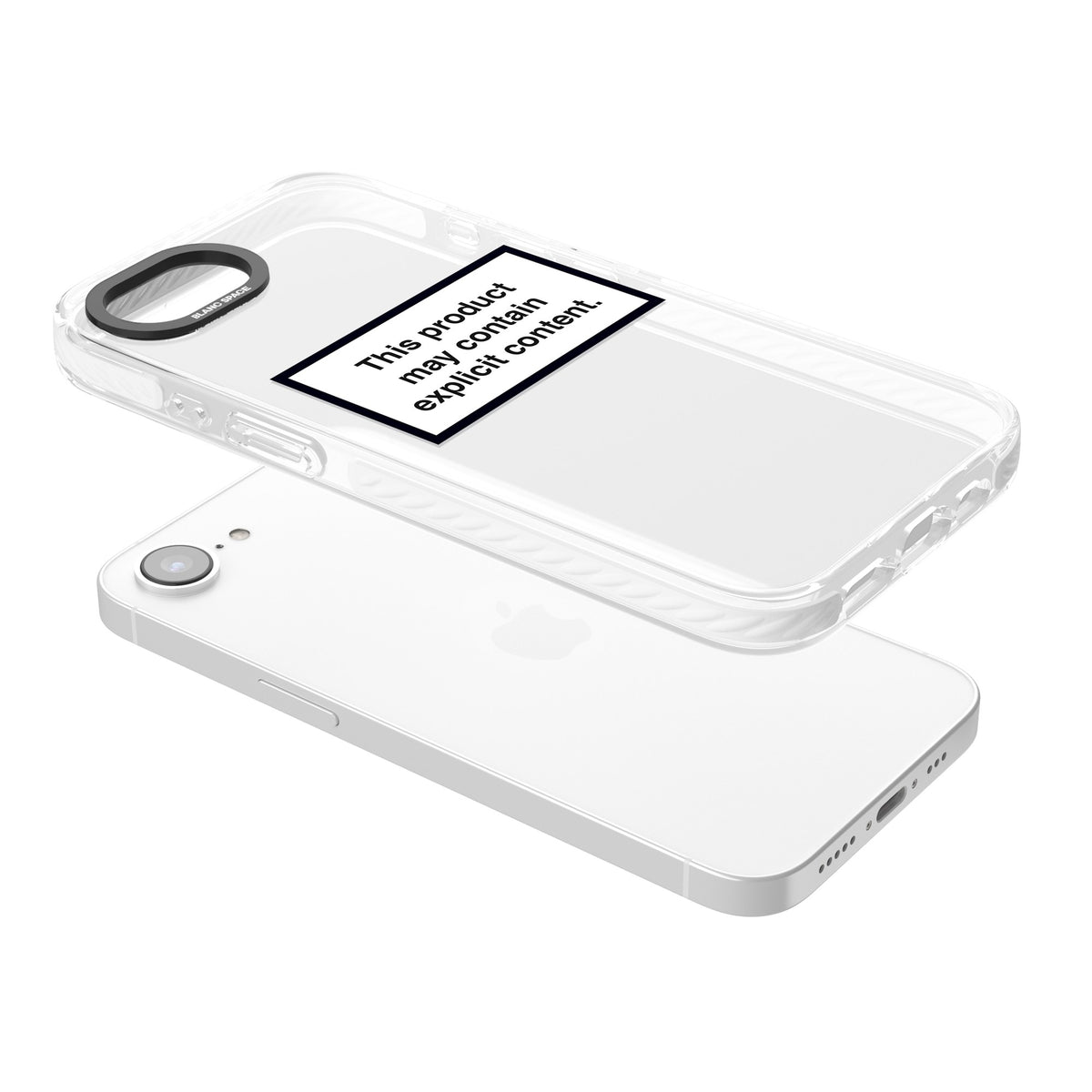 Contains Explicit Content iPhone 16e / iPhone 17e Impact Clear Phone Case angled