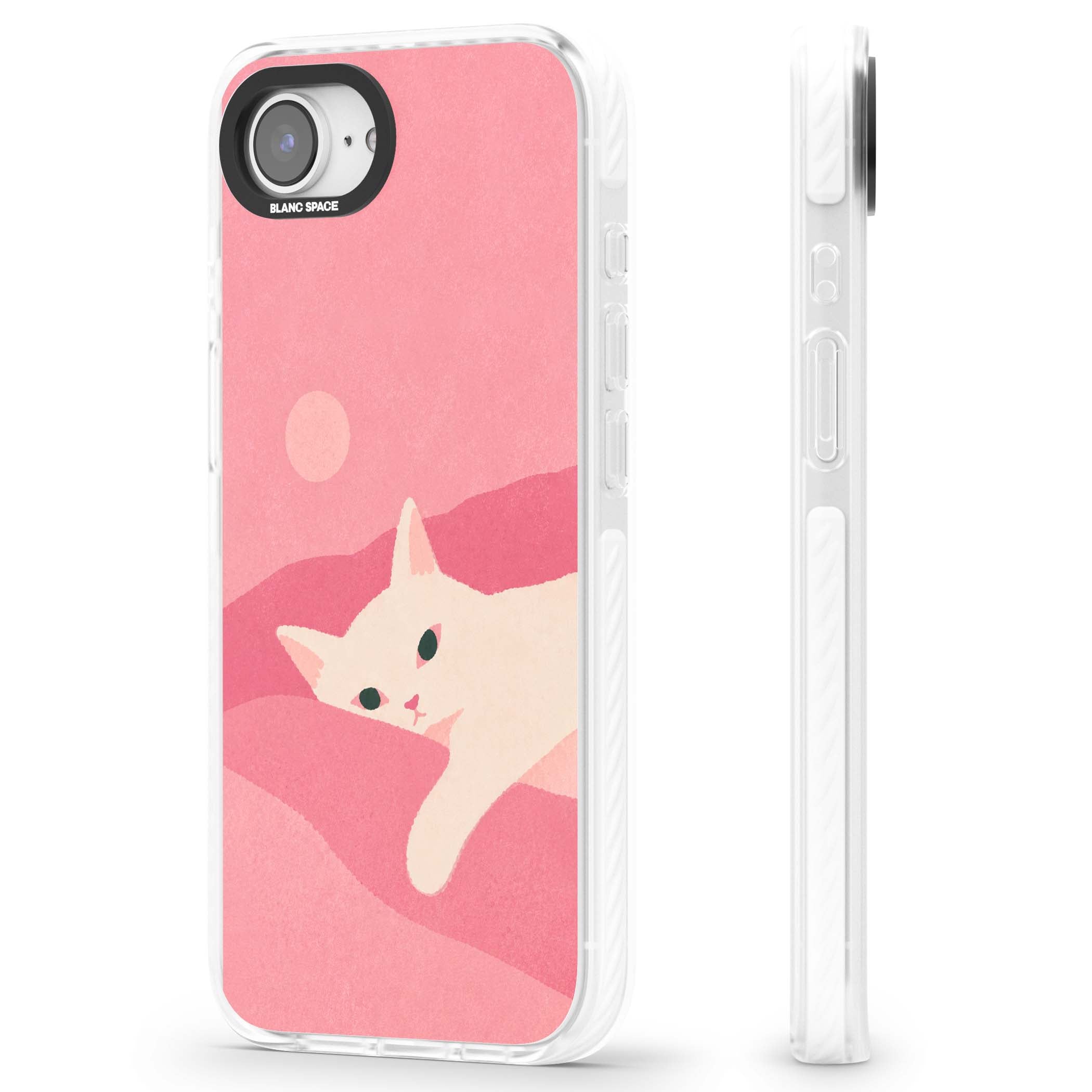 Pink Dreams cute cat iPhone case featuring a white kitten, soft pink hills and a pale pastel sun | Clear Impact case for iPhone 16e, iPhone 17e