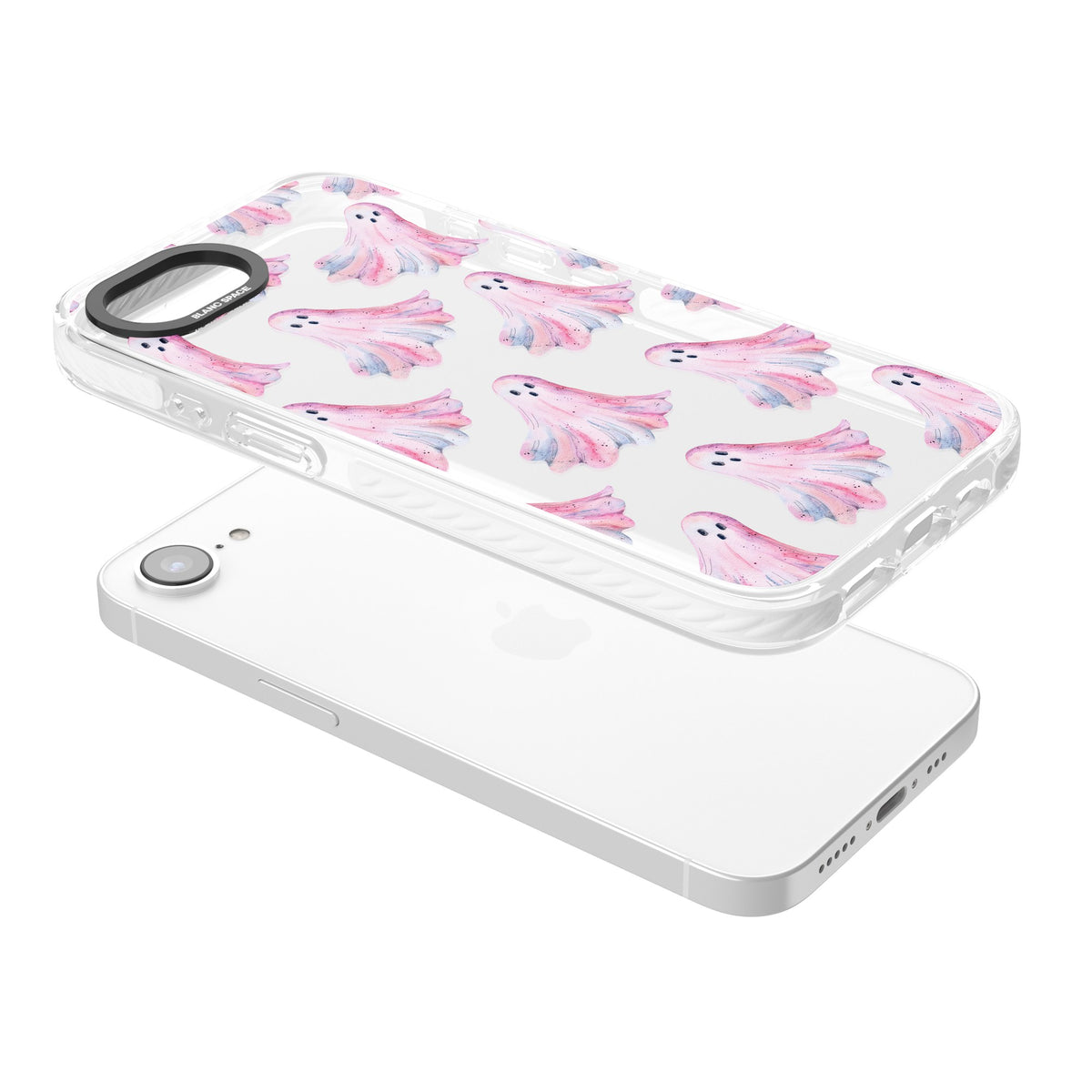 Pink Ghosts iPhone 16e / iPhone 17e Impact Clear Phone Case angled