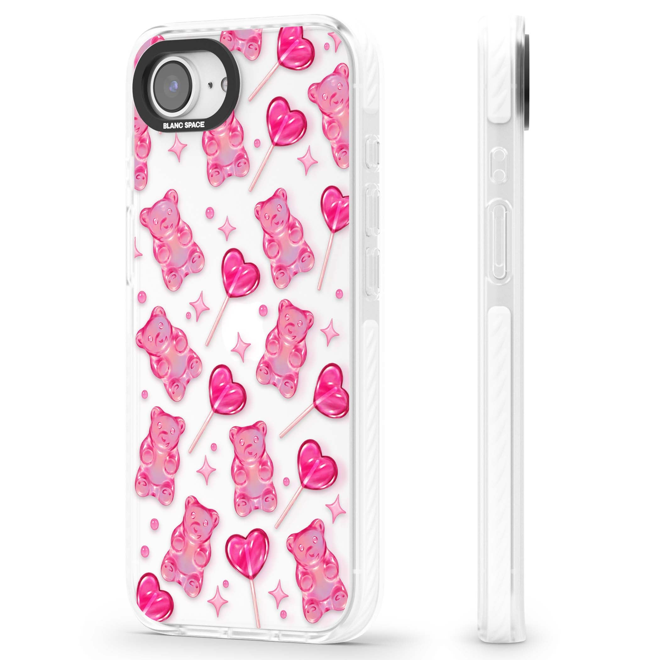 Pink Sugar pinkcore iPhone case featuring pink gummy bears, heart-shaped lollipops and sparkle stars | Clear Impact case for iPhone 16e, iPhone 17e
