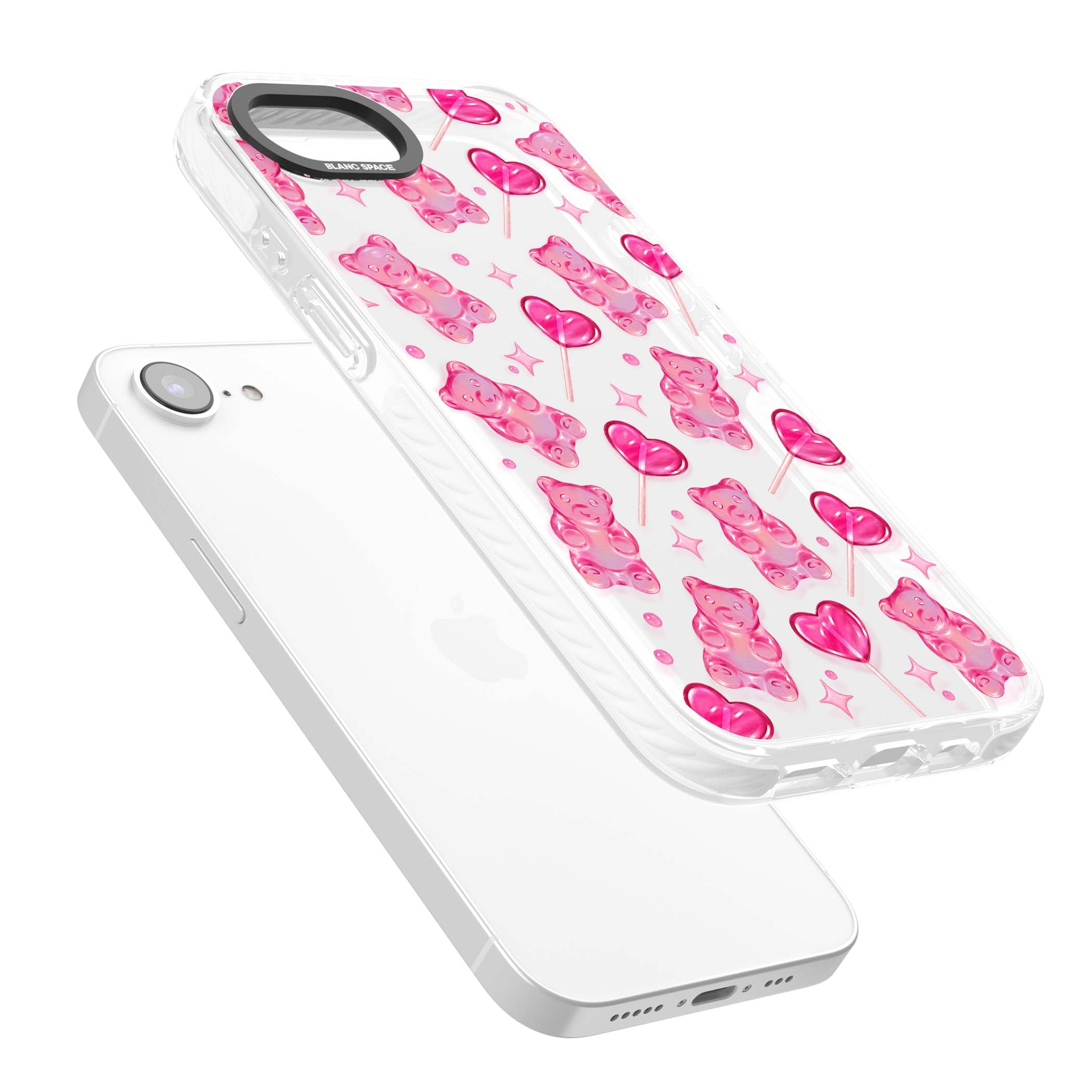 Pink Sugar pinkcore iPhone case featuring pink gummy bears, heart-shaped lollipops and sparkle stars | Clear Impact case for iPhone 16e, iPhone 17e