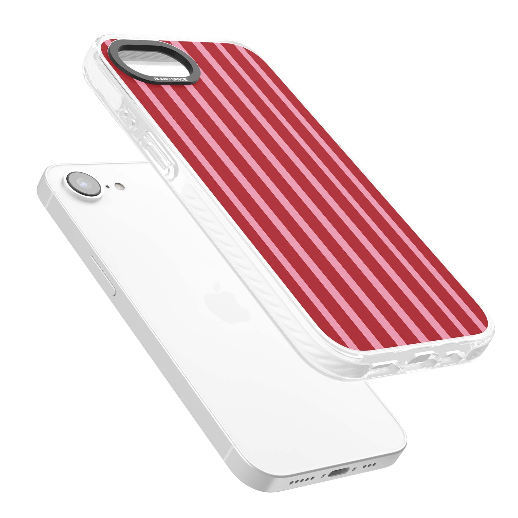 Raspberry Stripe coquette iPhone case featuring red and pink vertical stripes in a candy-inspired pattern | Clear Impact case for iPhone 16e, iPhone 17e