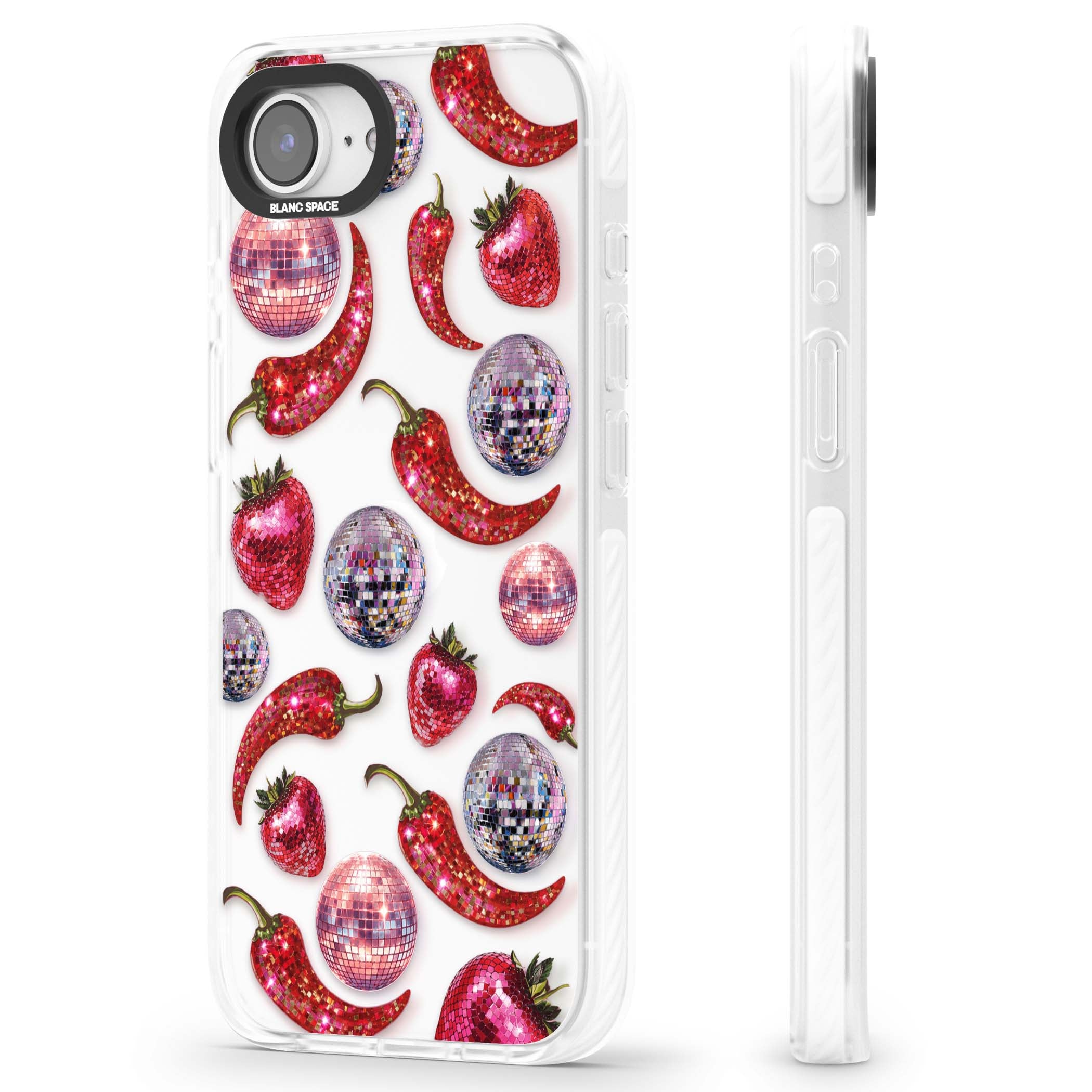 Spicy Disco Y2K iPhone case featuring glitter disco balls, sparkly strawberries and red chilli peppers | Clear Impact case for iPhone 16e, iPhone 17e
