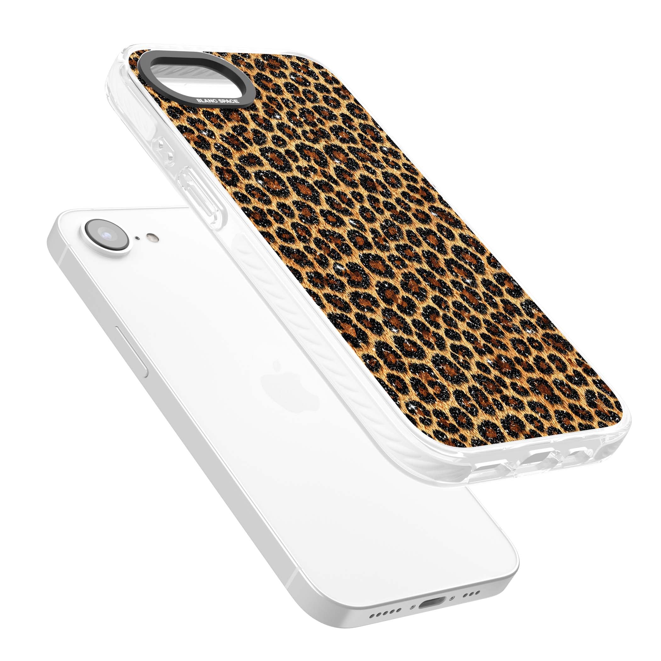 Diamond Leopard leopard print iPhone case featuring golden tan fur, black rosette spots and subtle glitter sparkle | Clear Impact case for iPhone 16e, iPhone 17e