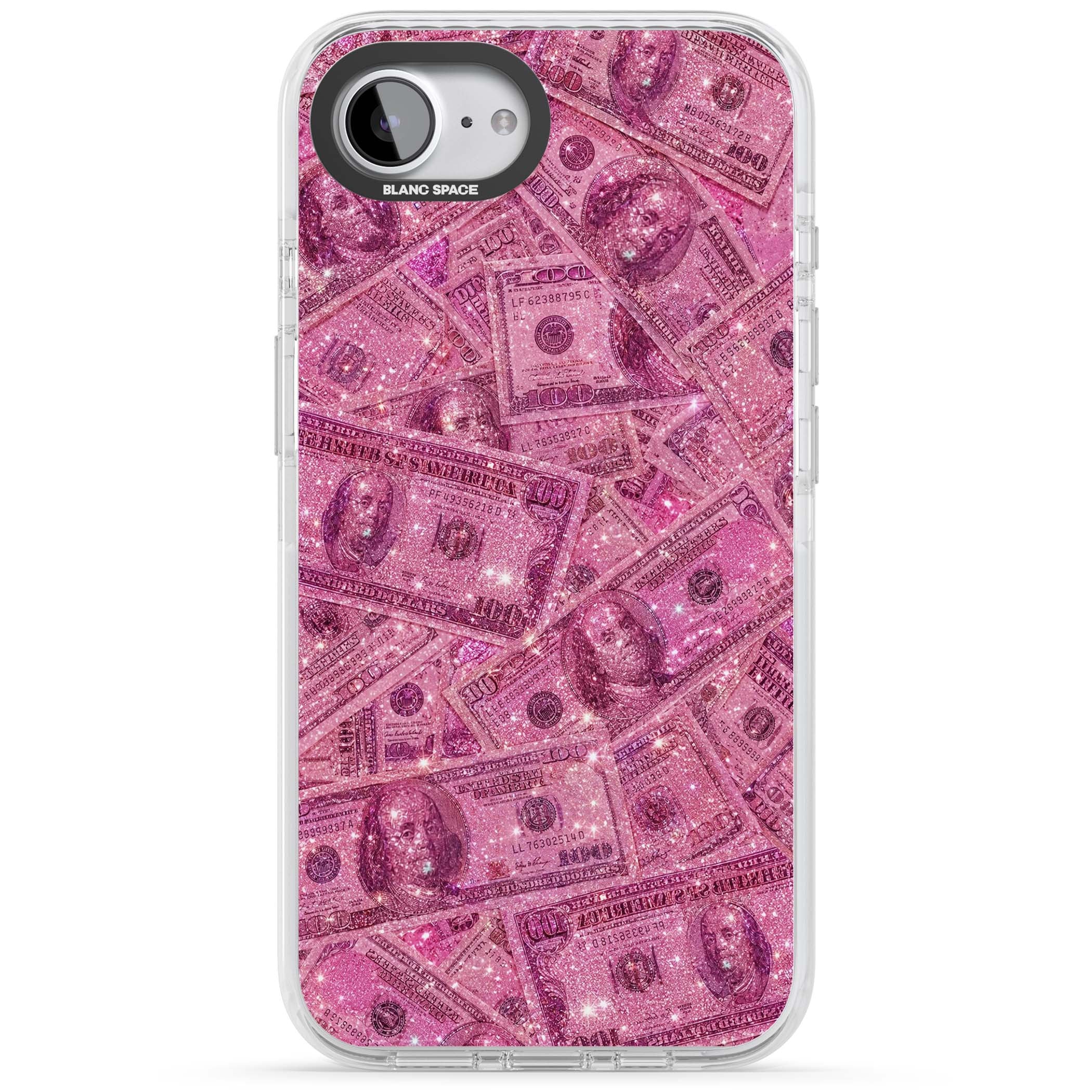Glamorous baddie iPhone case featuring pink glitter hundred dollar bills and sparkling money wallpaper design | Clear Impact case for iPhone 16e, iPhone 17e