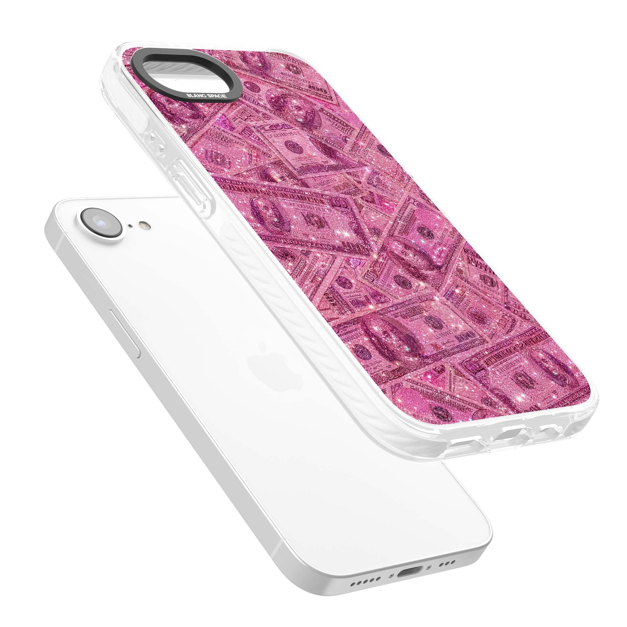 Glamorous baddie iPhone case featuring pink glitter hundred dollar bills and sparkling money wallpaper design | Clear Impact case for iPhone 16e, iPhone 17e