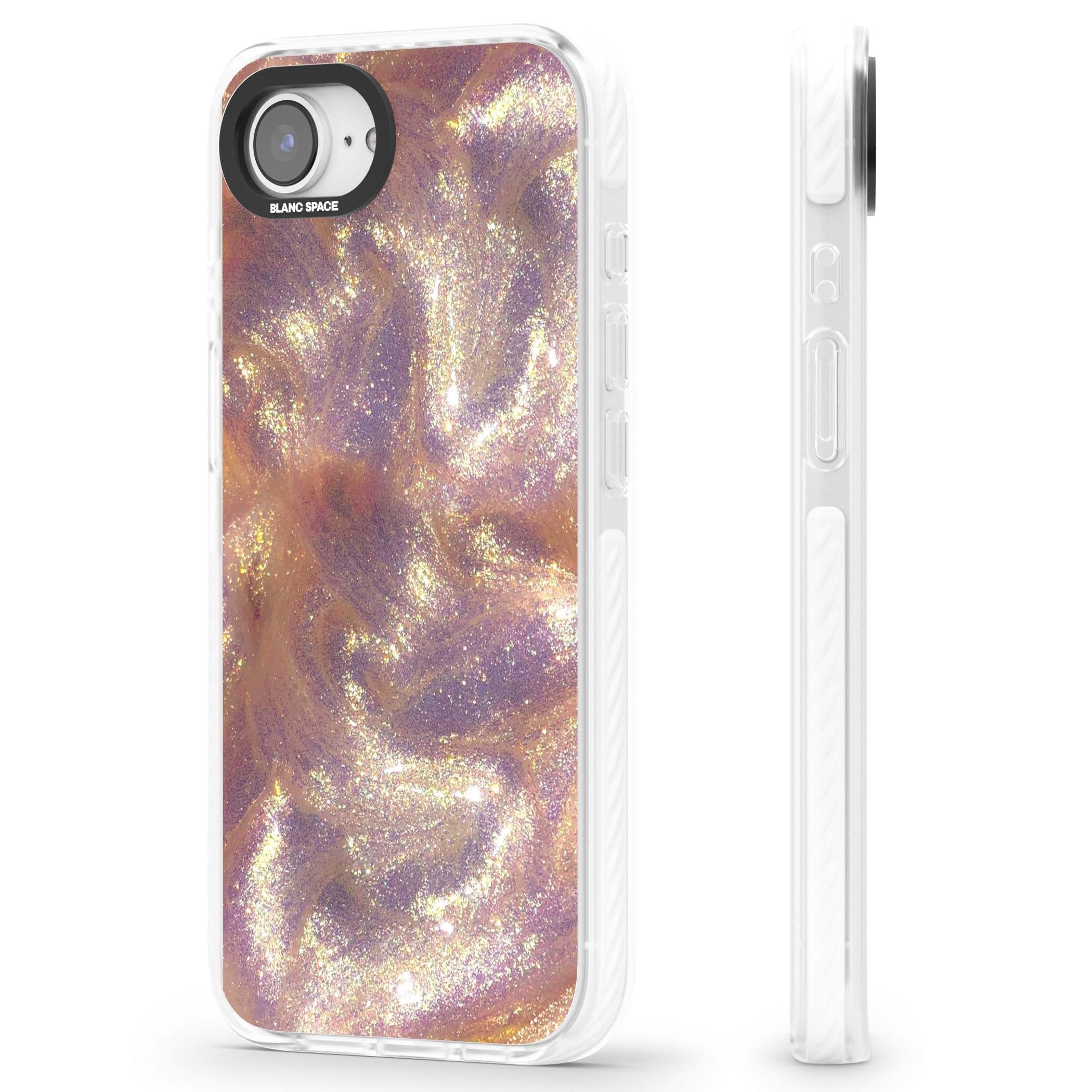 Shimmer marble iPhone case featuring rose gold glitter swirls, lilac shimmer and iridescent pearl finish | Clear Impact case for iPhone 16e, iPhone 17e