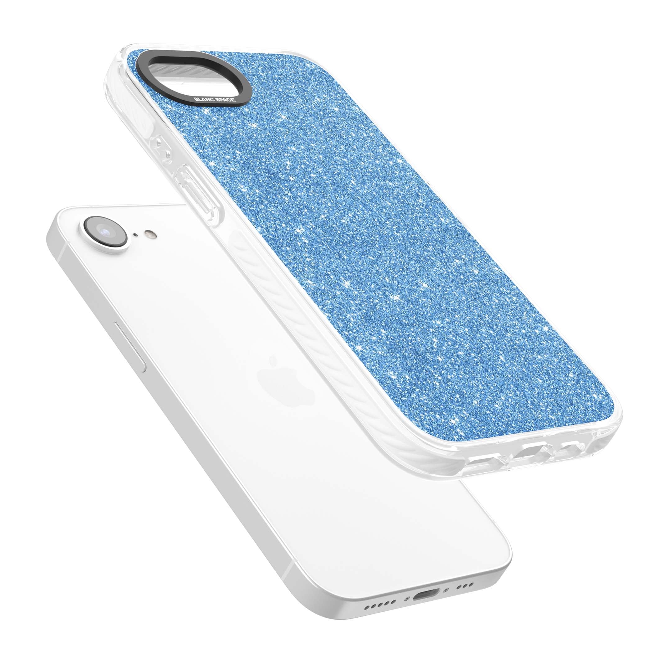 Blue Glitter blue glitter iPhone case featuring dense sparkling cerulean glitter with a glamorous shimmering finish | Clear Impact case for iPhone 16e, iPhone 17e