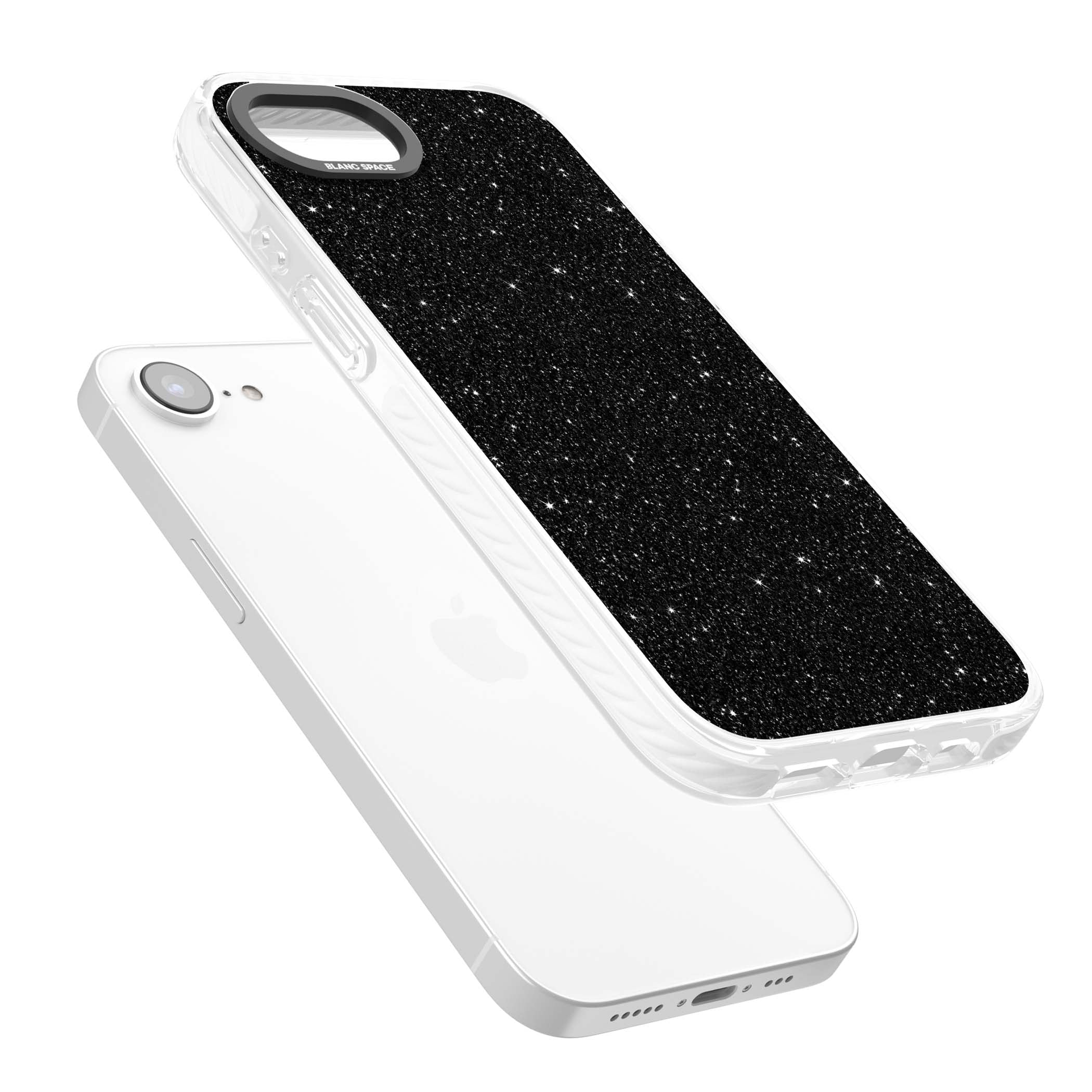 Black Glitter black glitter iPhone case featuring an all-over sparkly shimmer pattern on a jet black base | Clear Impact case for iPhone 16e, iPhone 17e