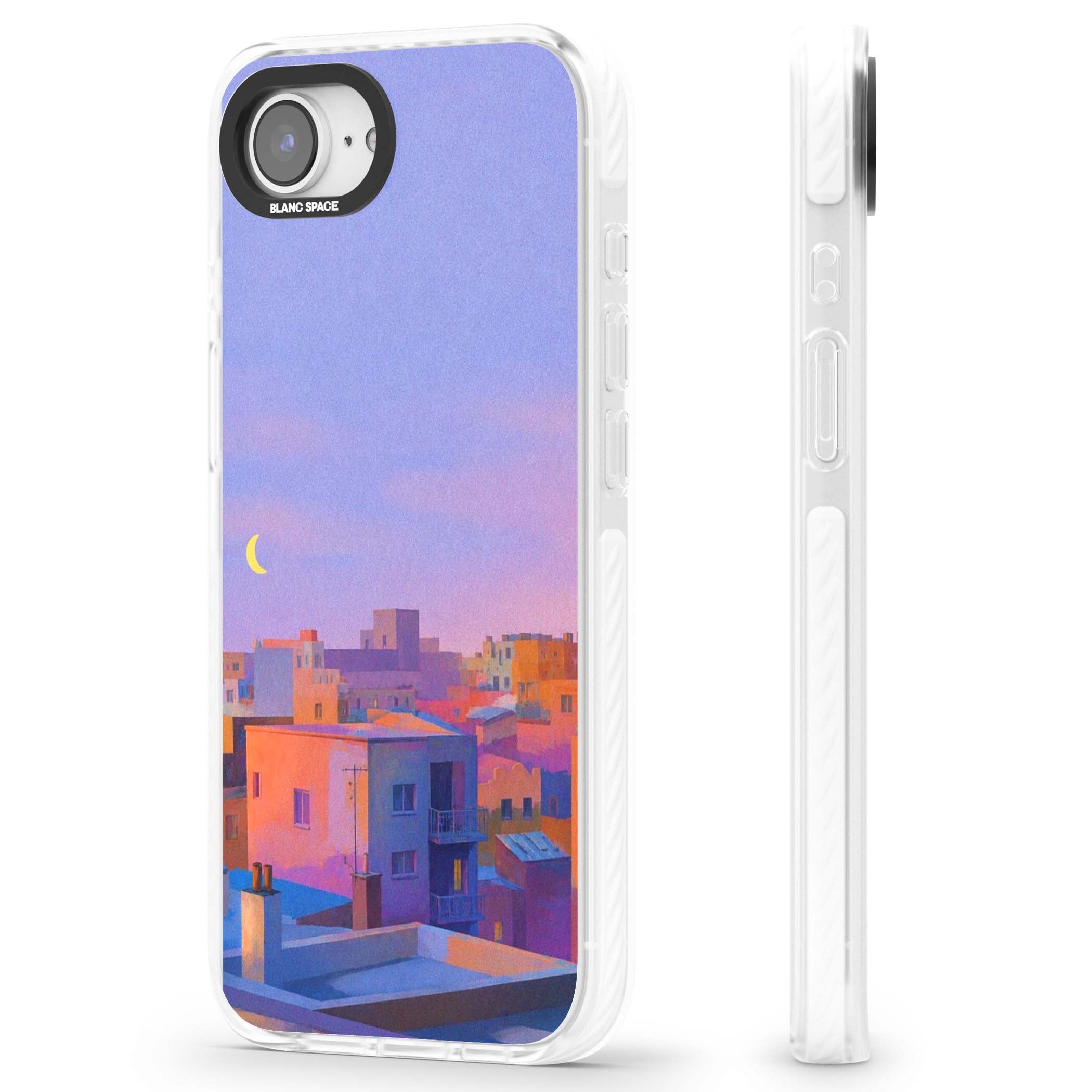 Twilight Rooftops vaporwave iPhone case featuring a pastel sunset cityscape, painted rooftops and a crescent moon. | Clear Impact case for iPhone 16e, iPhone 17e