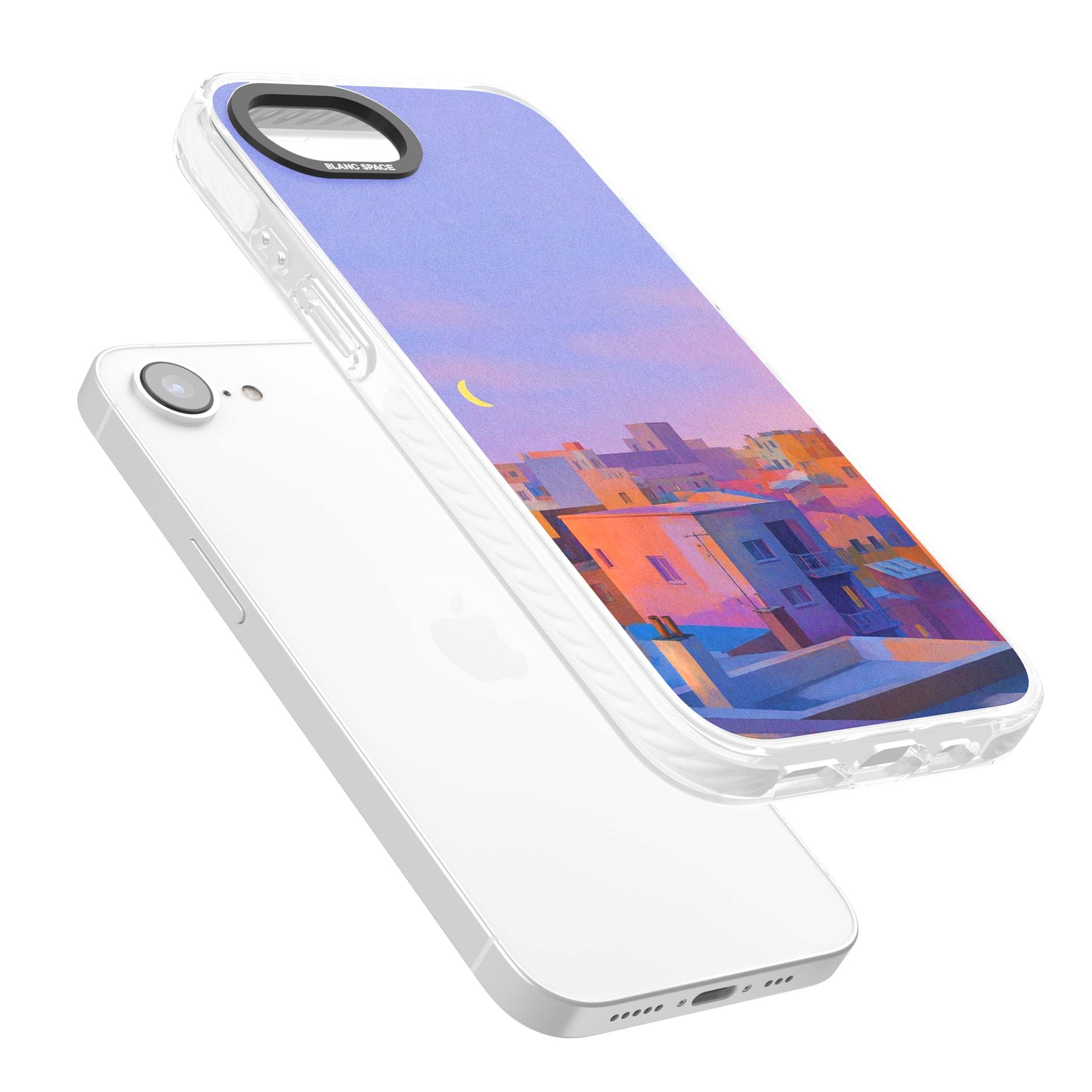 Twilight Rooftops vaporwave iPhone case featuring a pastel sunset cityscape, painted rooftops and a crescent moon. | Clear Impact case for iPhone 16e, iPhone 17e