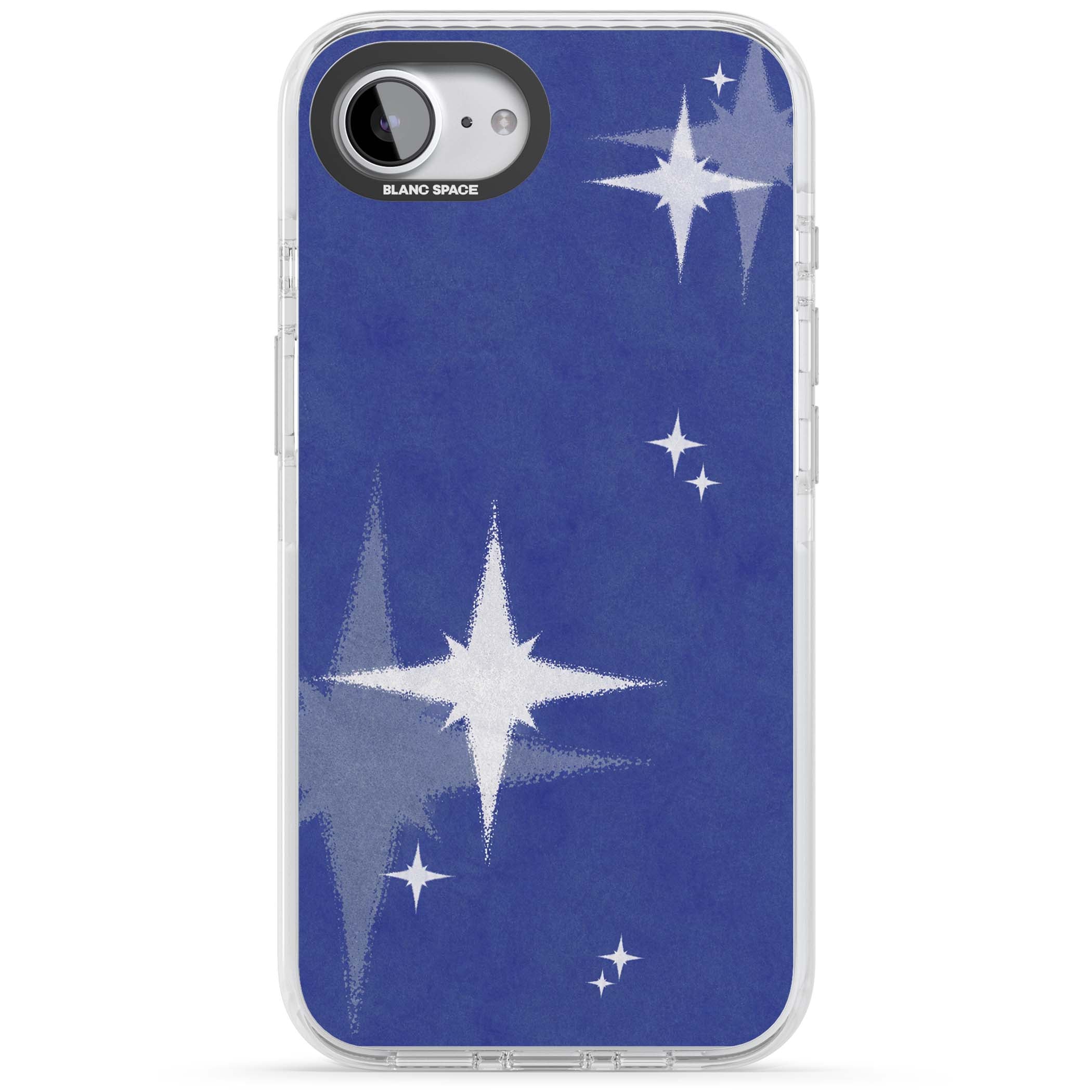 Blue Sparkle celestial iPhone case featuring sparkling silver stars on a deep blue painterly night sky | Clear Impact case for iPhone 16e, iPhone 17e