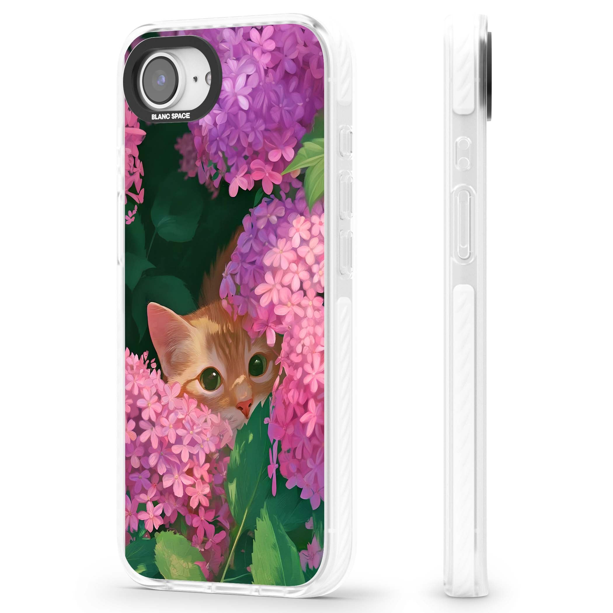 Cat In Pink Flowers cottagecore iPhone case featuring a ginger kitten peeking through lilac and pink hydrangea flo | Clear Impact case for iPhone 16e, iPhone 17e