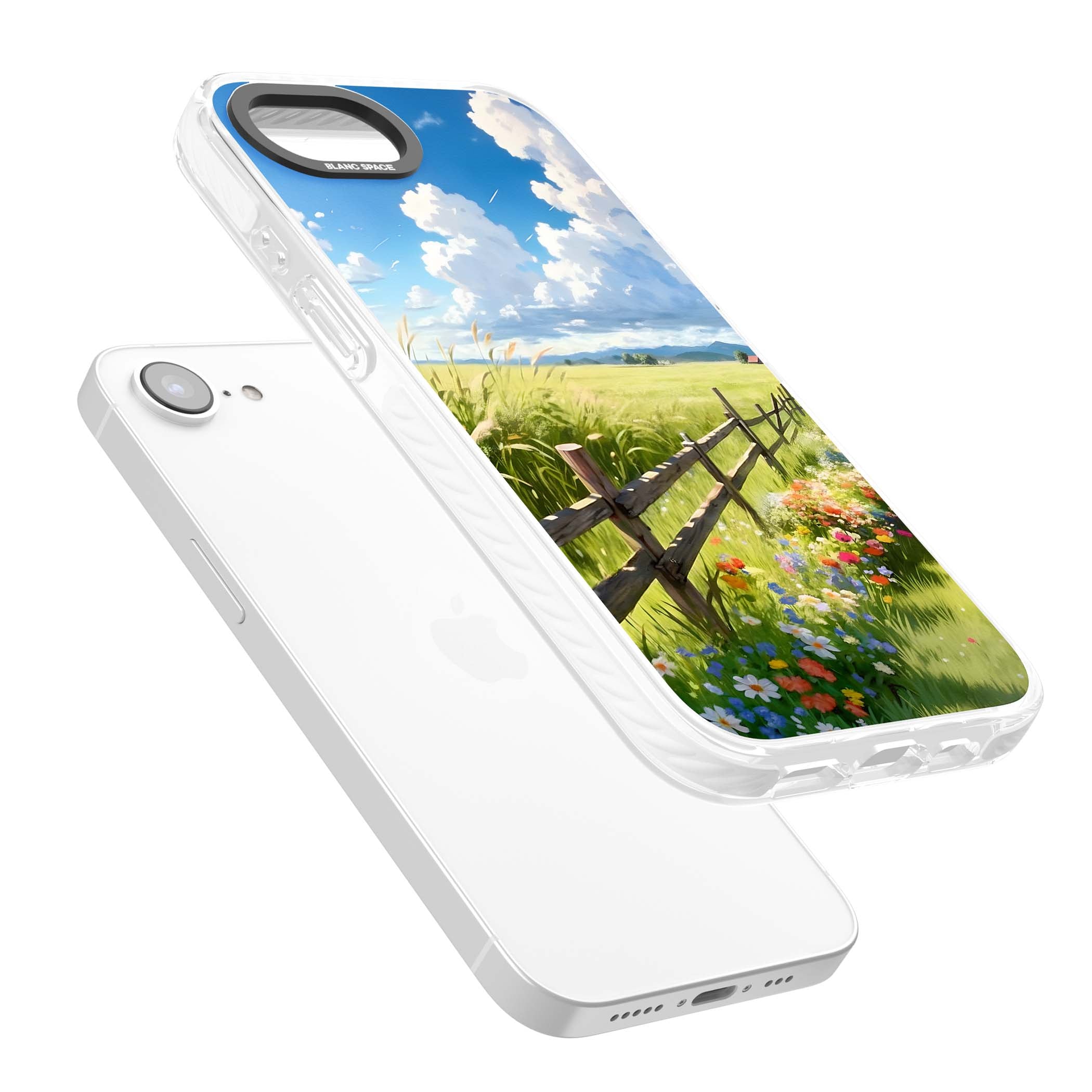 A Countryside Afternoon cottagecore iPhone case featuring a painted countryside meadow, wooden fence, and wildflowers beneath | Clear Impact case for iPhone 16e, iPhone 17e