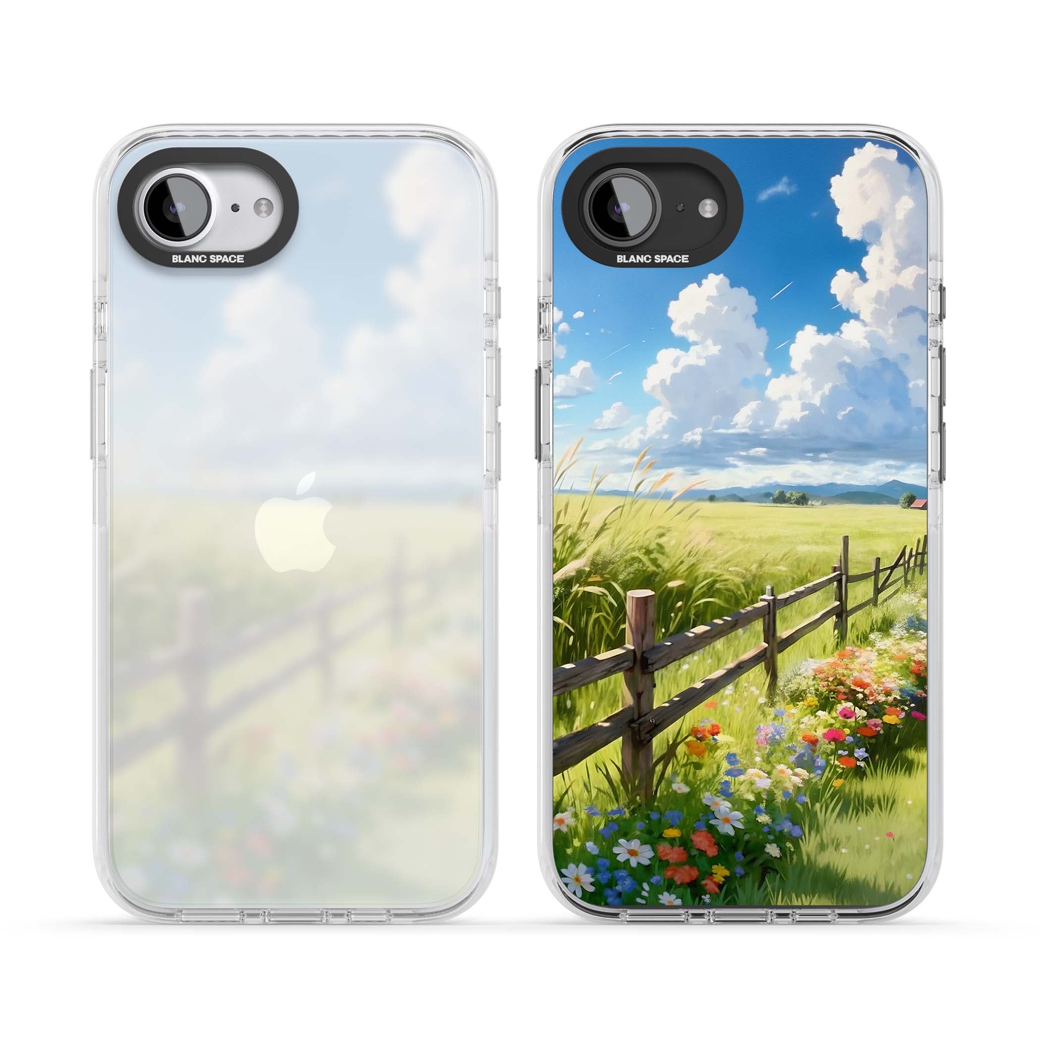 A Countryside Afternoon cottagecore iPhone case featuring a painted countryside meadow, wooden fence, and wildflowers beneath | Clear Impact case for iPhone 16e, iPhone 17e