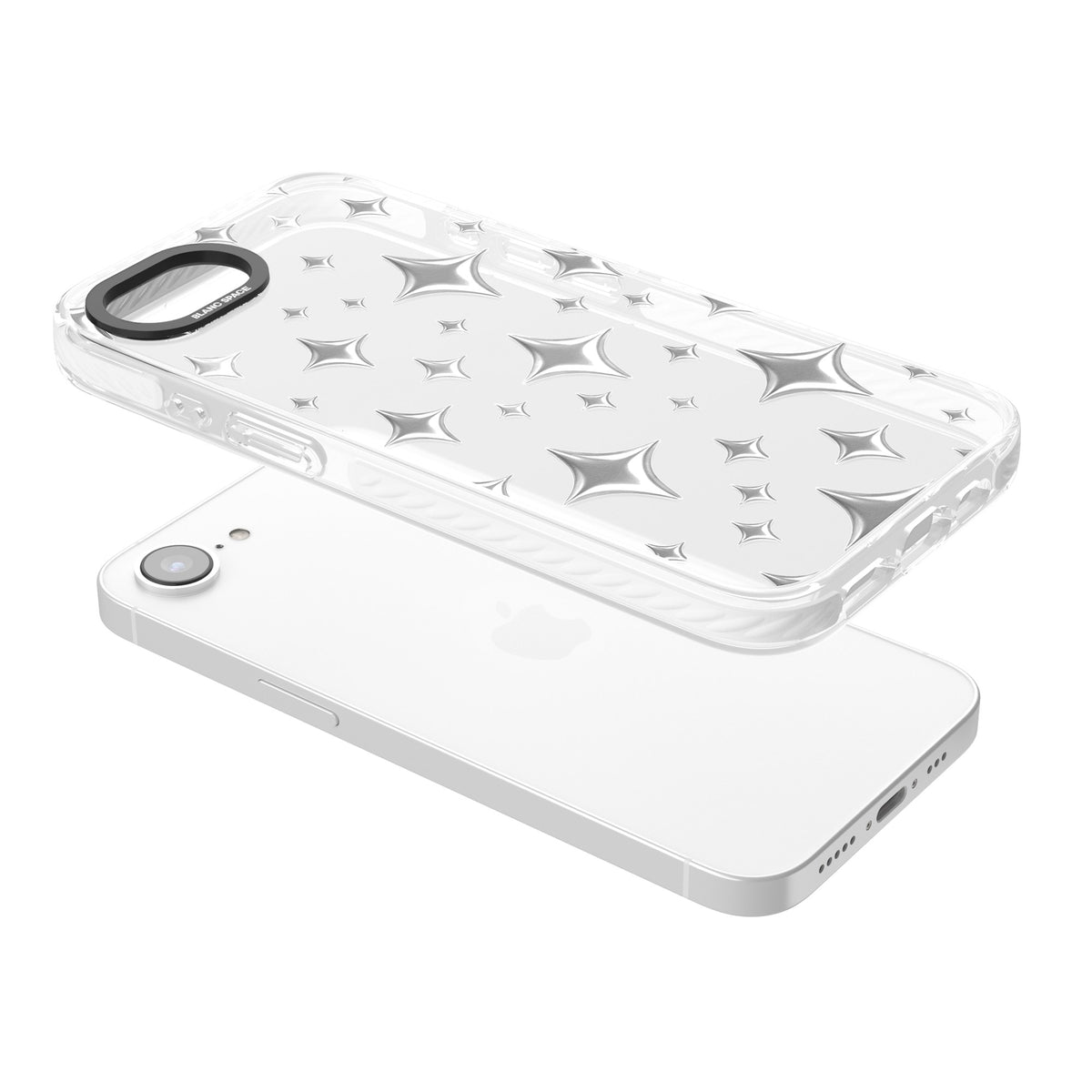 Chrome Puff Sparkle Pattern iPhone 16e / iPhone 17e Impact Clear Phone Case angled