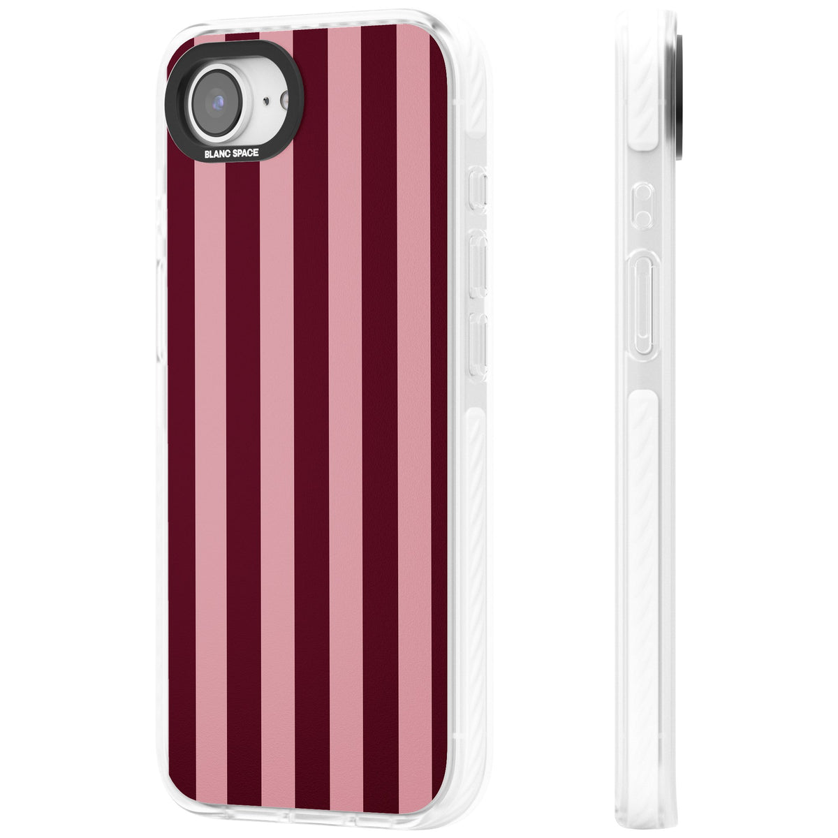 Bordeaux Belle preppy iPhone case featuring bold vertical stripes in burgundy and soft blush pink iPhone 16e / iPhone 16E / iPhone 17e Impact Clear Phone Case side