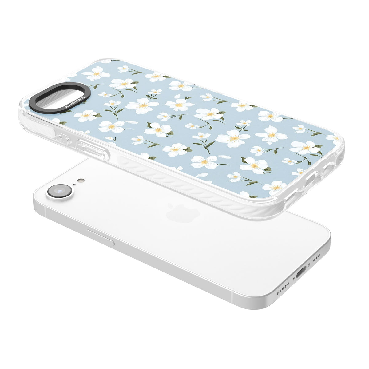 Powder Blue Petals iPhone 16e / iPhone 17e Impact Clear Phone Case angled