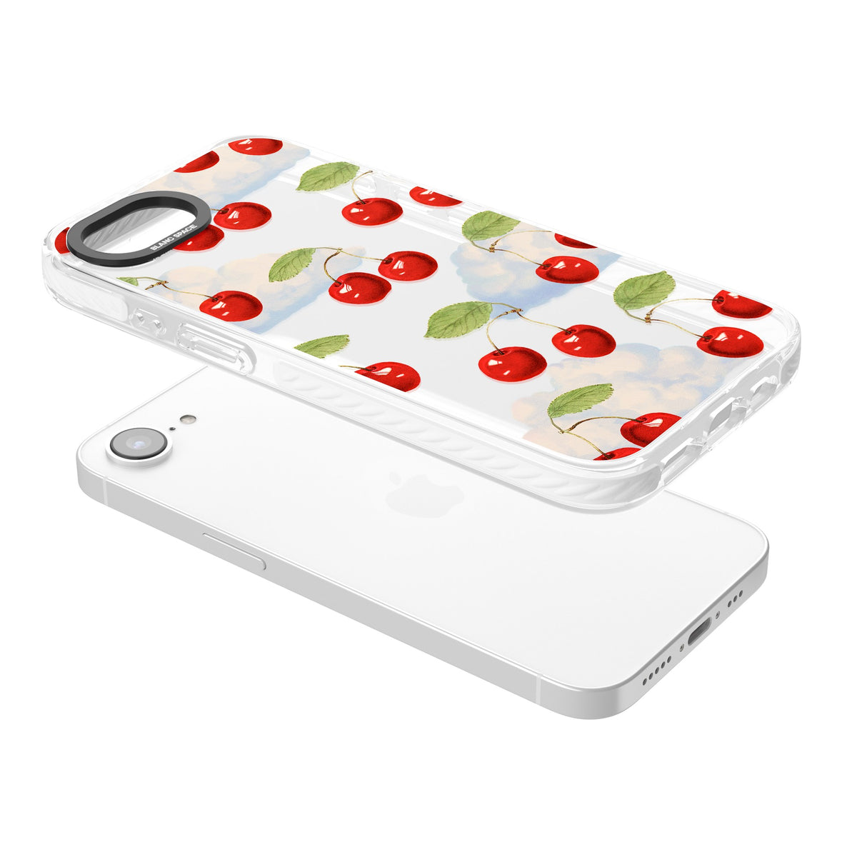 Vintage Cherries & Clouds iPhone 16e / iPhone 17e Impact Clear Phone Case angled