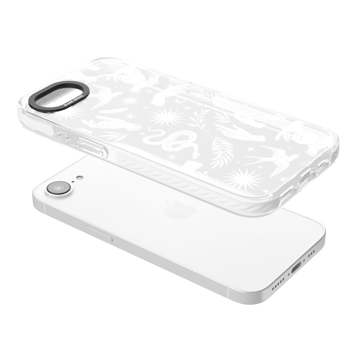 Mystic Magic (White) iPhone 16e / iPhone 17e Impact Clear Phone Case angled