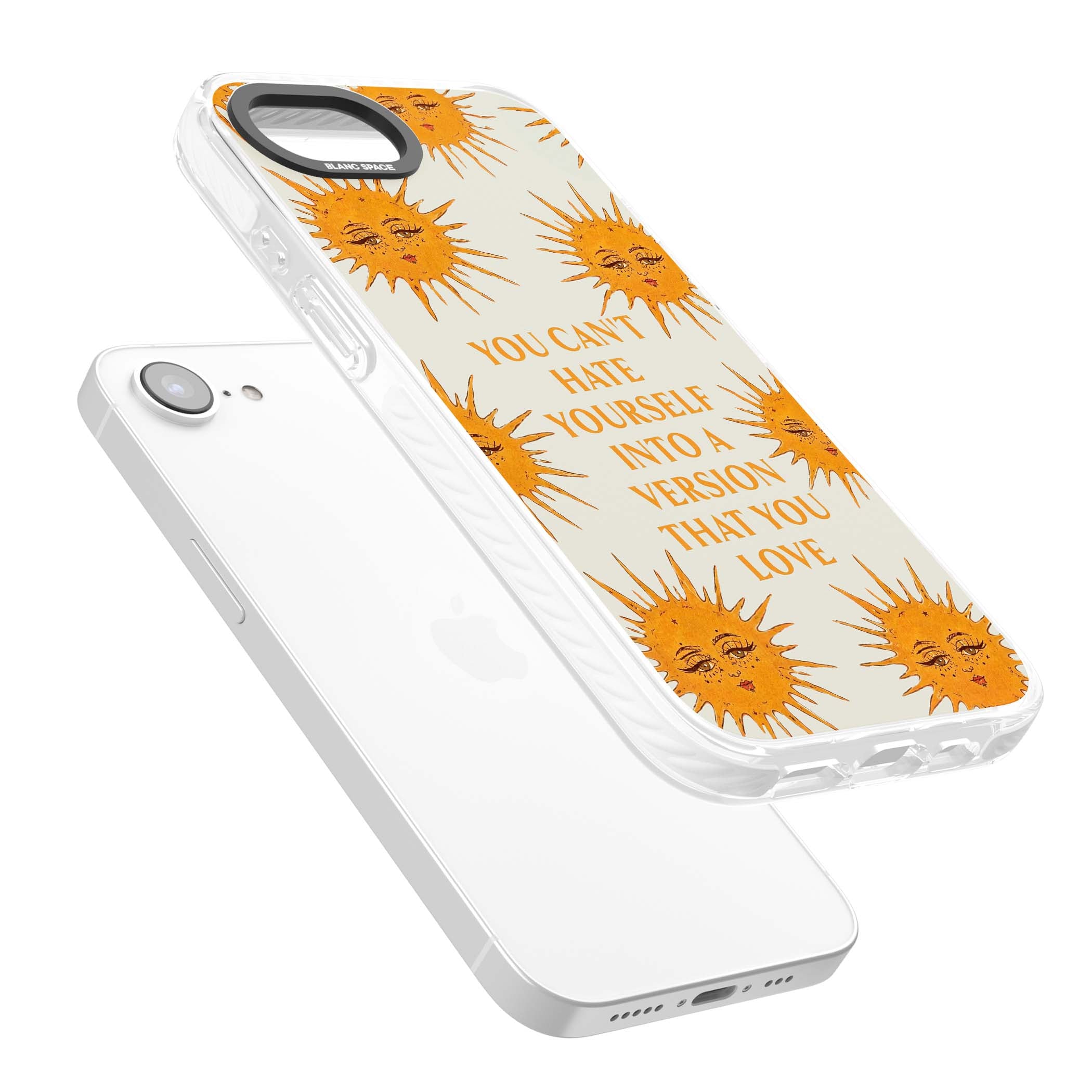 Don't Hate Yourself celestial iPhone case featuring vintage sun faces, ochre rays and a self-love quote | Clear Impact case for iPhone 16e, iPhone 17e