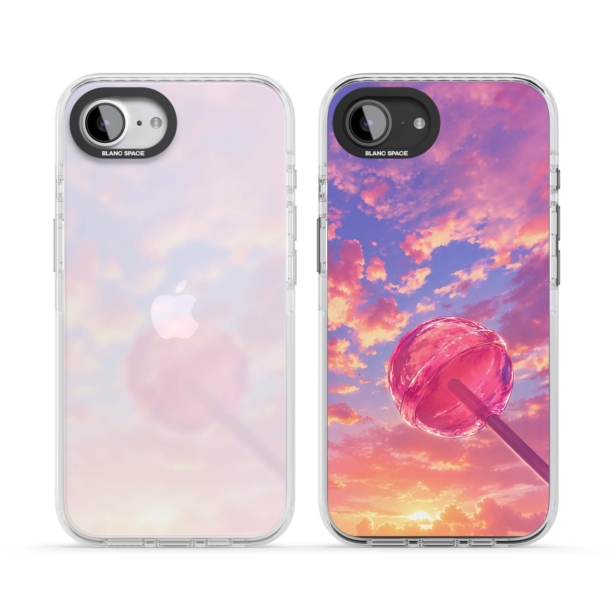 Sugar Sunset candy aesthetic iPhone case featuring a pink lollipop, pastel sunset sky and dreamy clouds | Clear Impact case for iPhone 16e, iPhone 17e