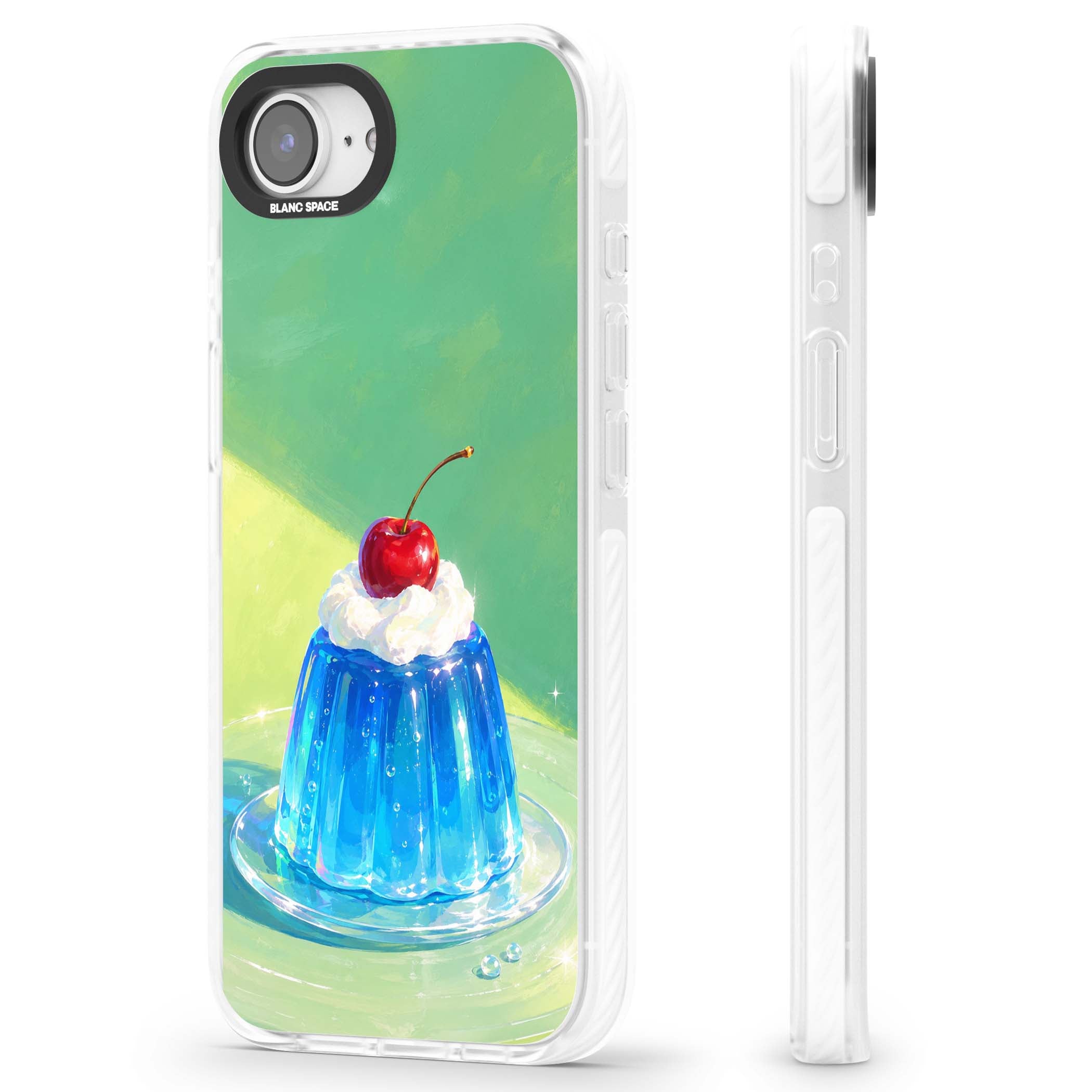 Cherry Jelly kawaii dessert iPhone case featuring blue jelly pudding, whipped cream and a red cherry | Clear Impact case for iPhone 16e, iPhone 17e