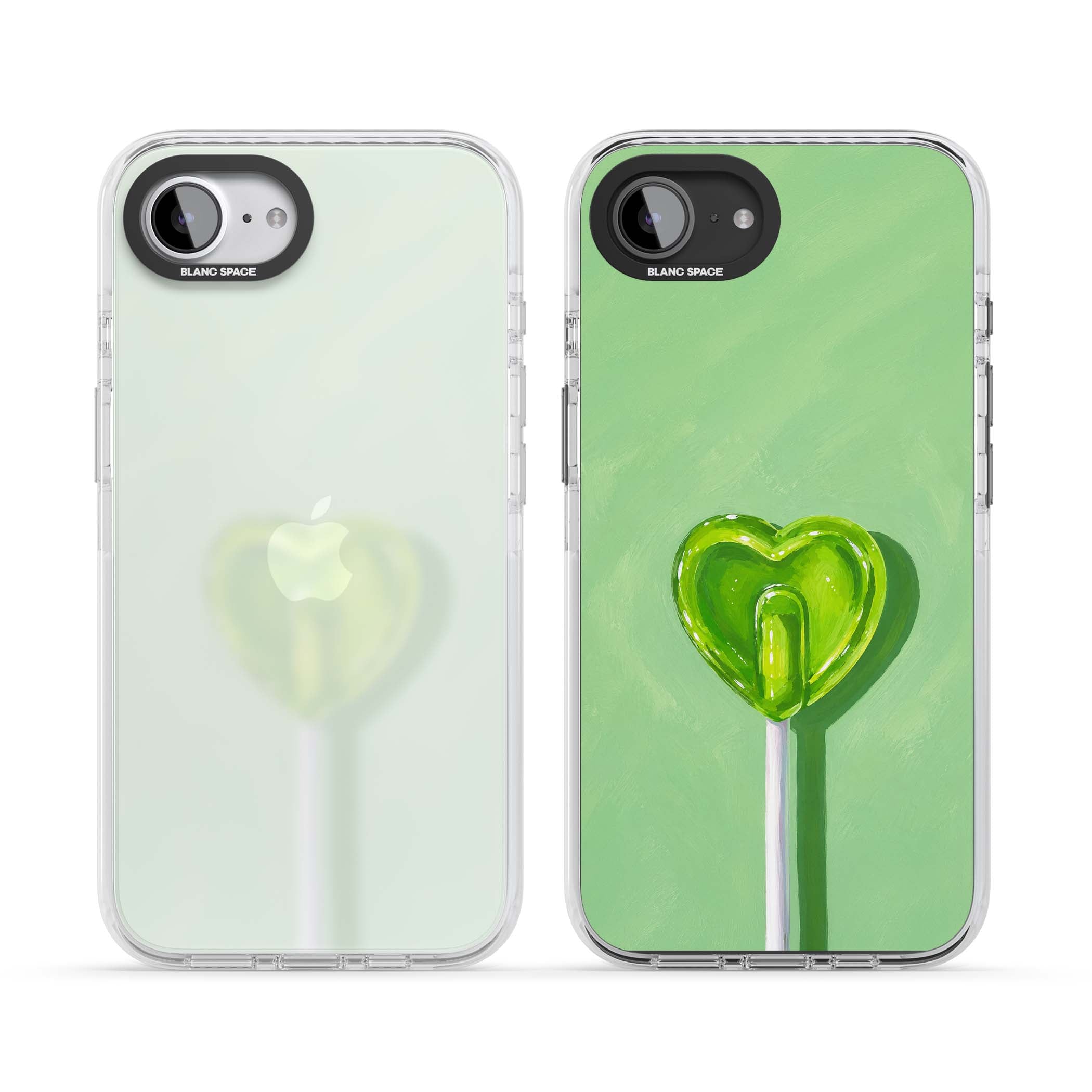 Green Lollipop candy art iPhone case featuring a glossy green heart-shaped lollipop on a painted pastel green background | Clear Impact case for iPhone 16e, iPhone 17e