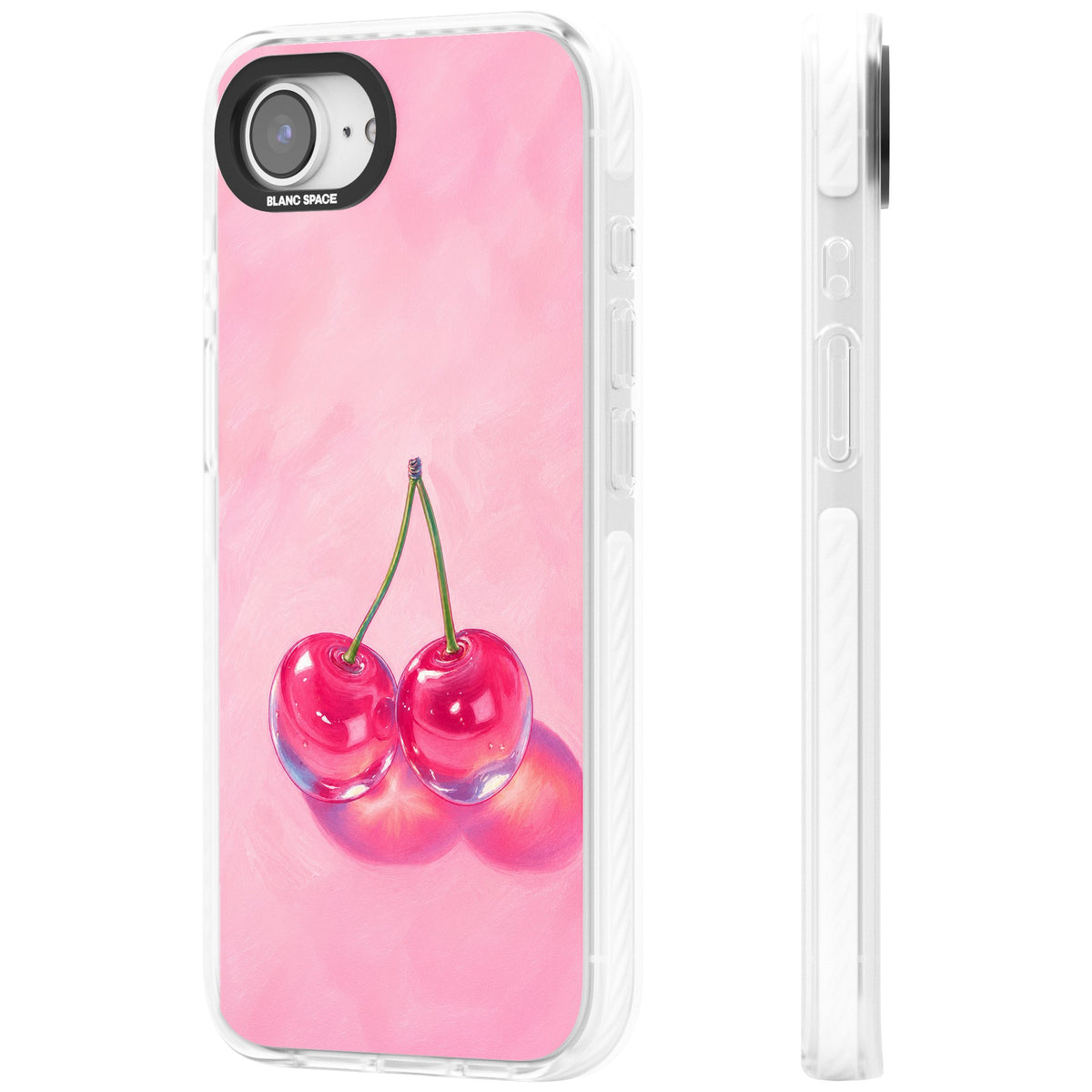 Pink Glass Cherry iPhone 16e / iPhone 17e Impact Clear Phone Case side