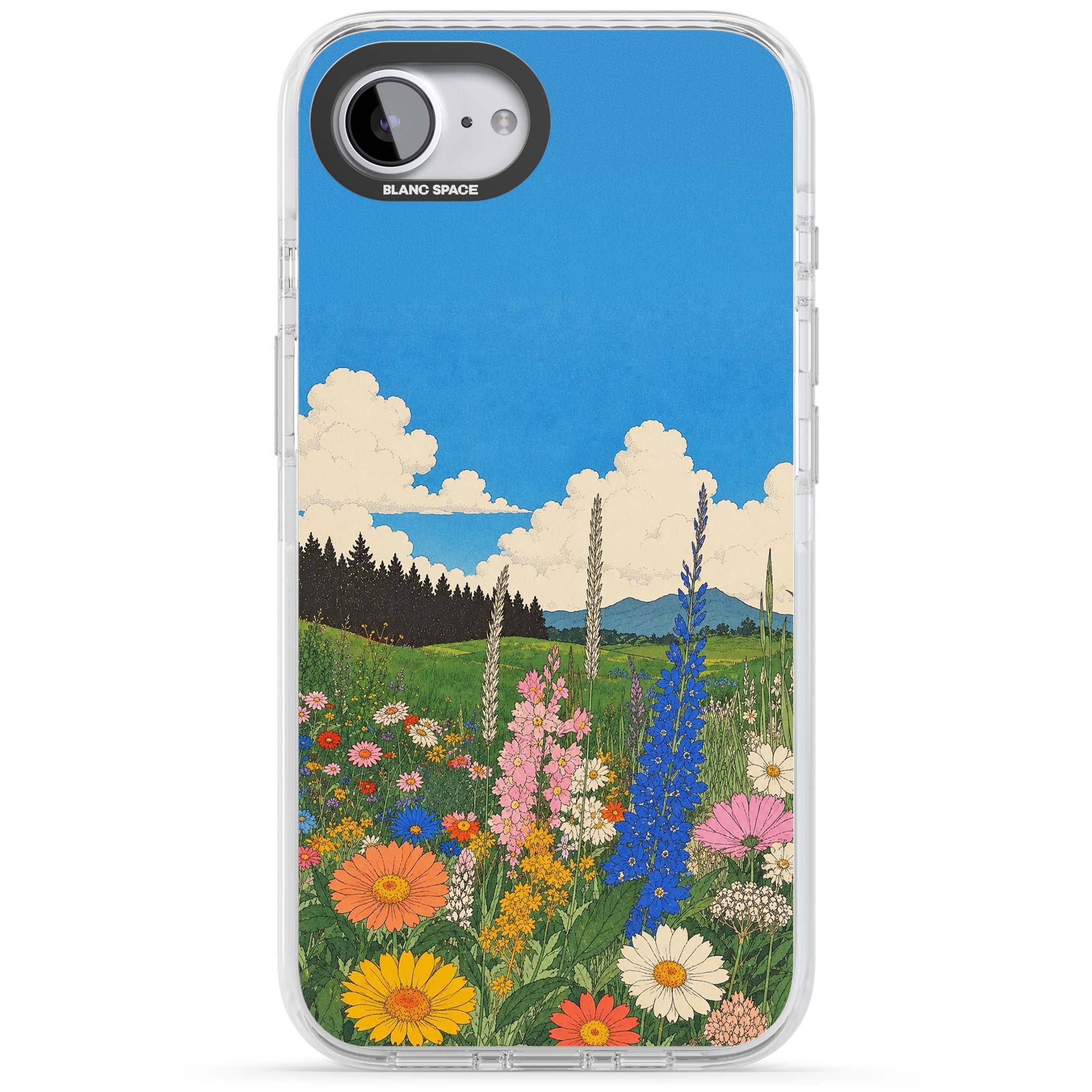 Wildbloom wildflower iPhone case featuring a vintage Japanese-style meadow landscape with daisies, delphiniums and moun | Clear Impact case for iPhone 16e, iPhone 17e