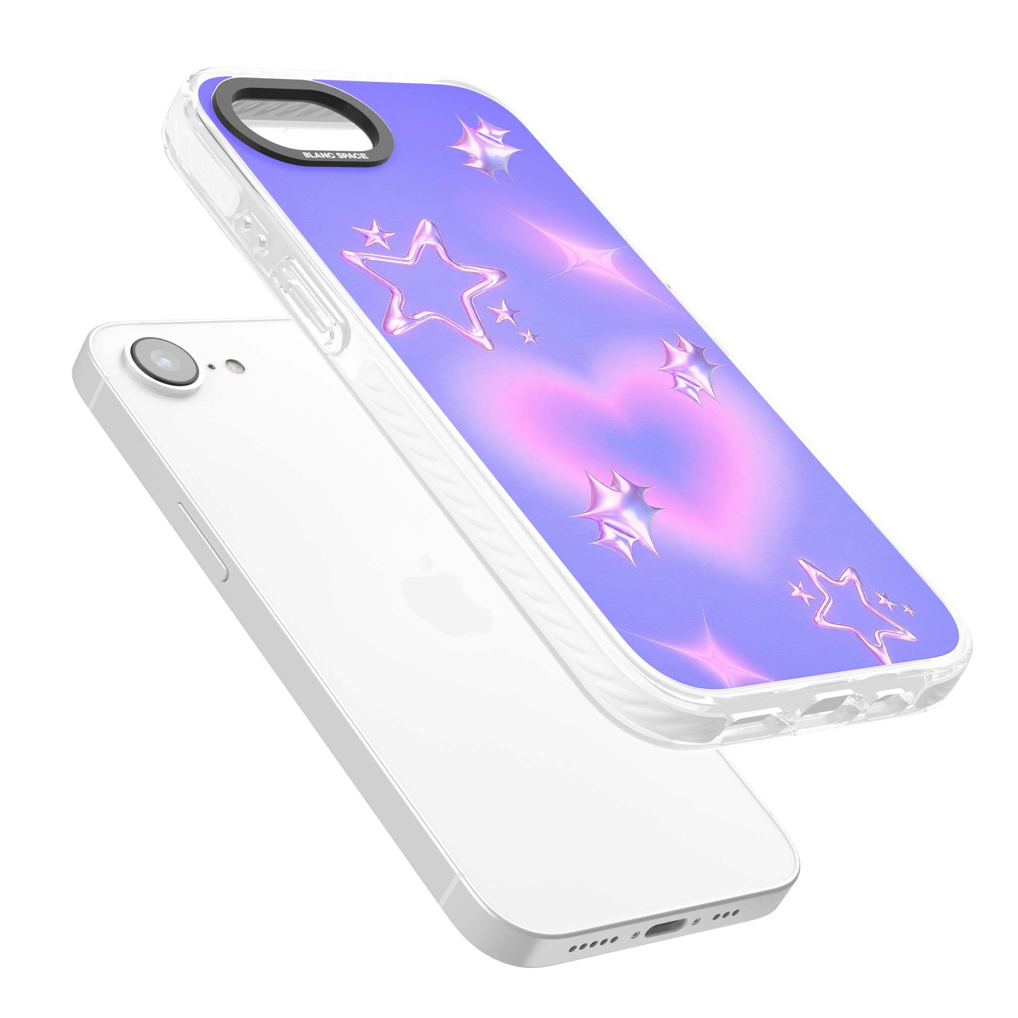 Soft Sugar Y2K iPhone case featuring iridescent chrome hearts, metallic pink stars and a lavender gradient sky | Clear Impact case for iPhone 16e, iPhone 17e