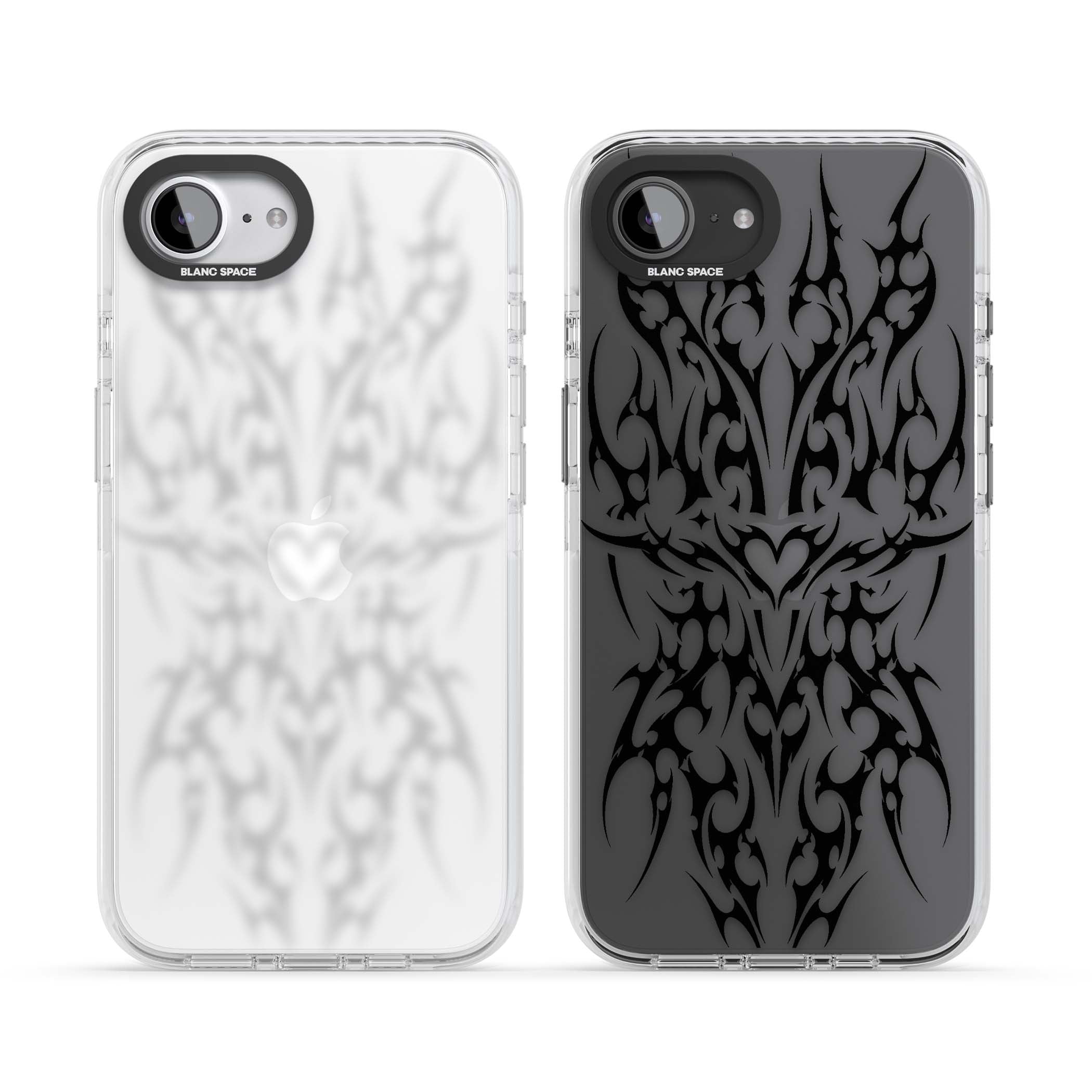 Neo Tribal Heart gothic iPhone case featuring symmetrical black tribal tattoo art with sharp thorn-like linework | Clear Impact case for iPhone 16e, iPhone 17e