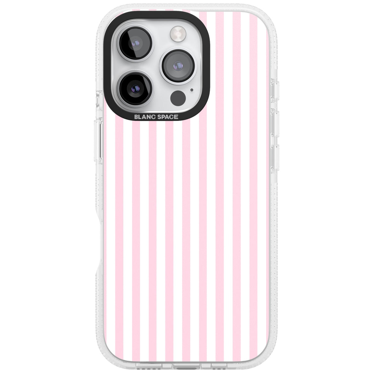 Pink Stripe preppy iPhone case featuring soft pastel pink and white vertical candy stripes iPhone 16 Pro Impact Air Phone Case front