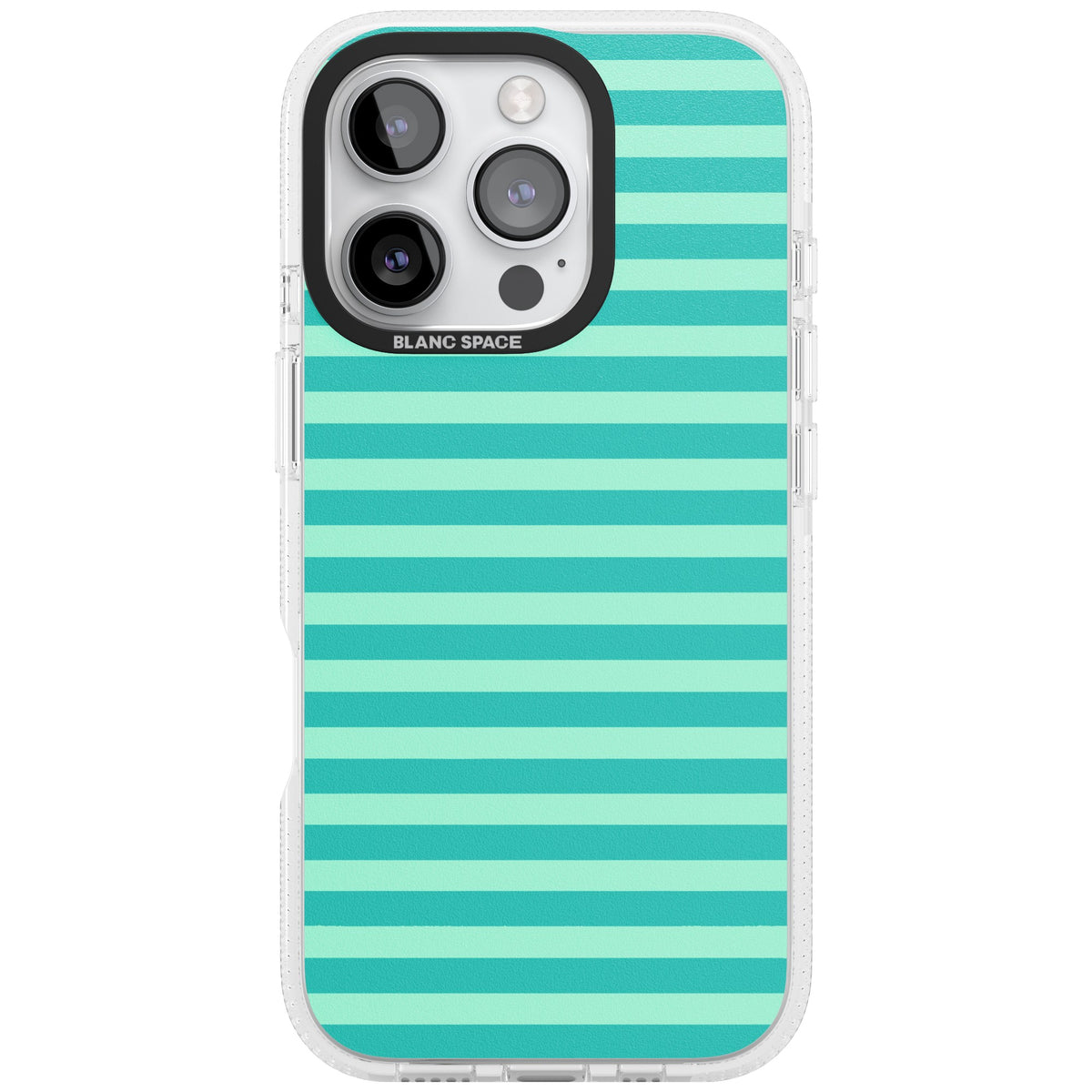 Turquoise Stripe preppy iPhone case featuring horizontal teal and mint green stripes on a black protective frame iPhone 16 Pro Impact Air Phone Case front
