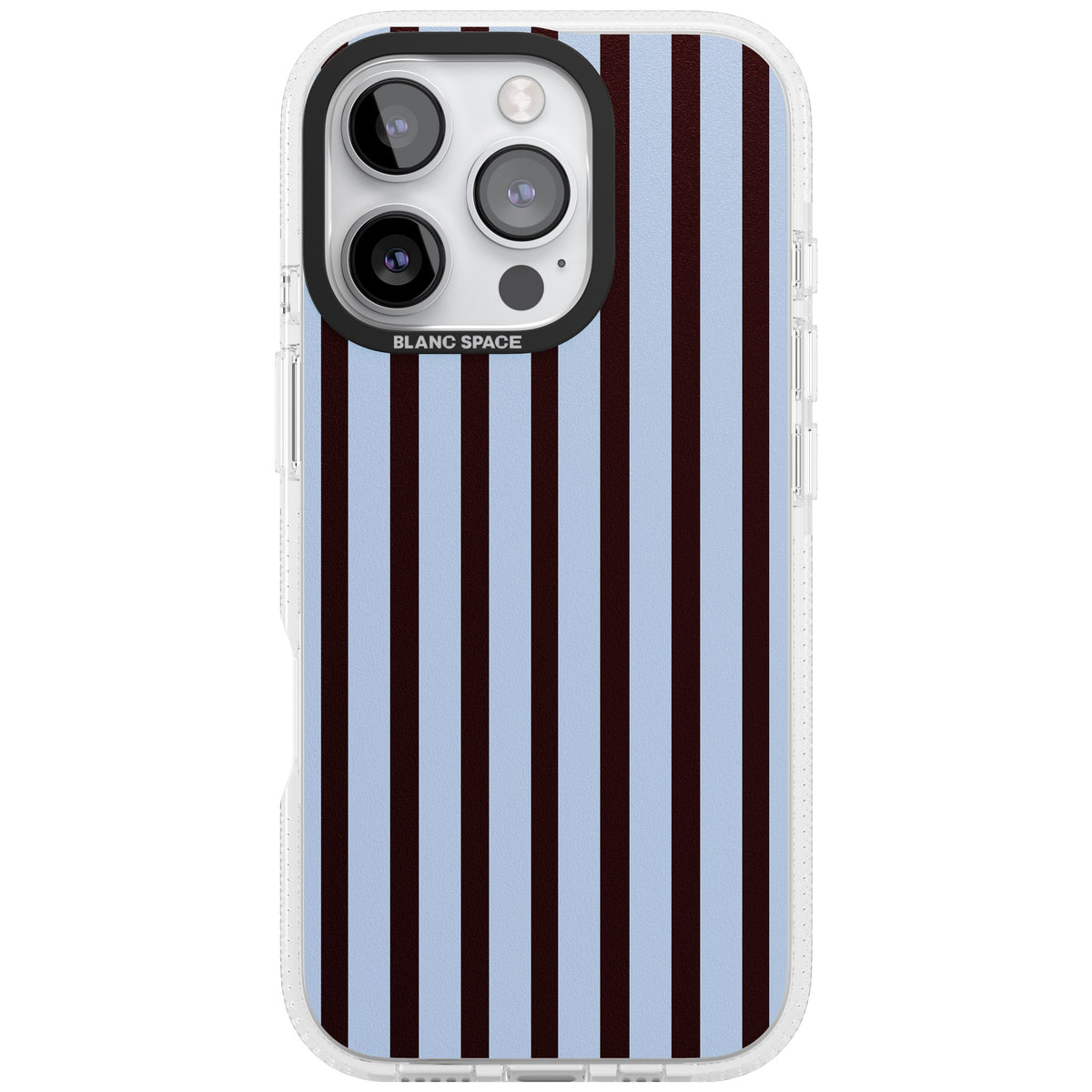 Blackcurrant Stripe preppy iPhone case featuring vertical burgundy and light blue stripes in a classic pinstripe layout iPhone 16 Pro Impact Air Phone Case front