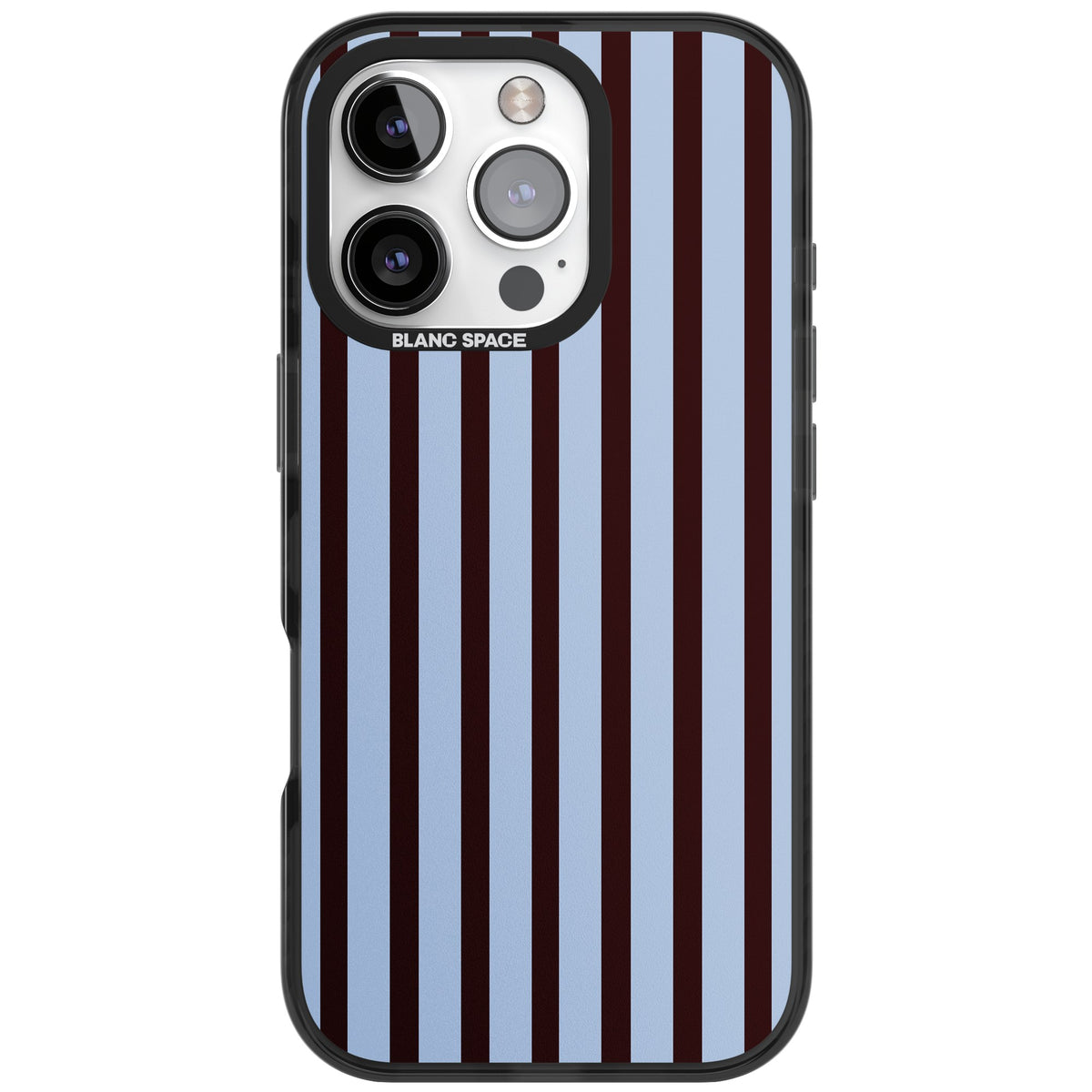 Blackcurrant Stripe preppy iPhone case featuring vertical burgundy and light blue stripes in a classic pinstripe layout iPhone 16 Pro Impact Pro Black Phone Case front