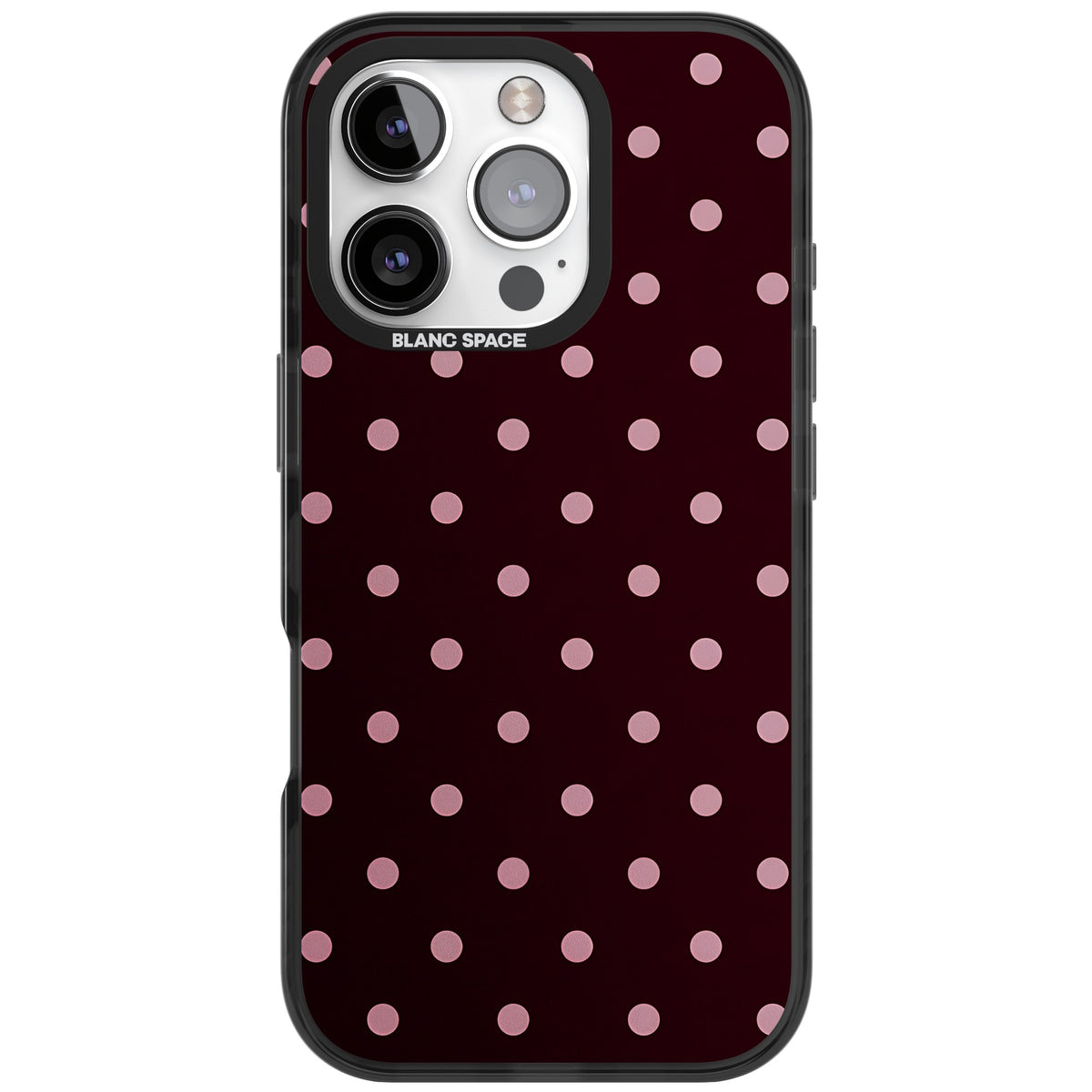 Merlot Dots polka dot iPhone case featuring dusty pink spots on a deep burgundy background in a retro grid iPhone 16 Pro Impact Black Phone Case front
