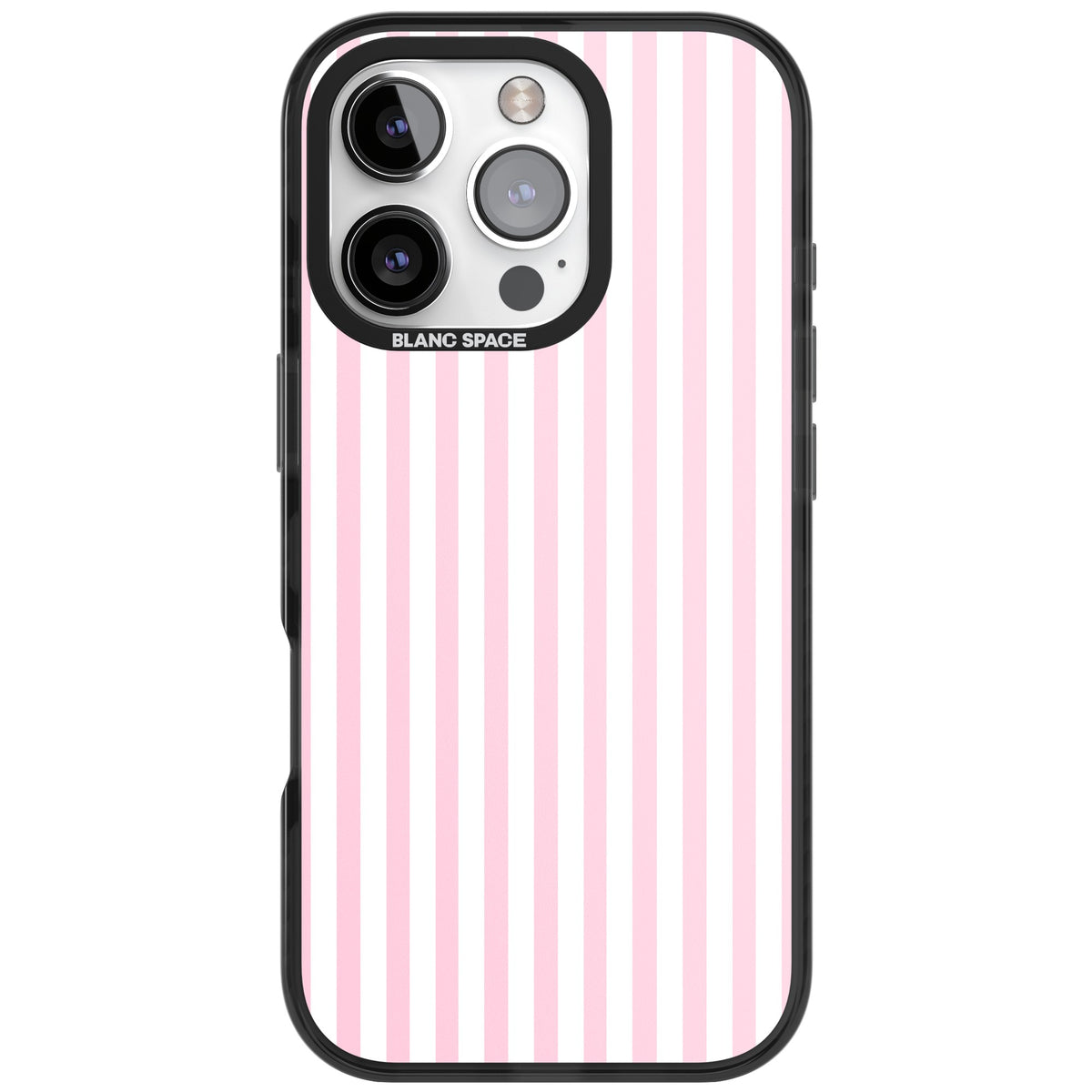 Pink Stripe preppy iPhone case featuring soft pastel pink and white vertical candy stripes iPhone 16 Pro Impact Black Phone Case front